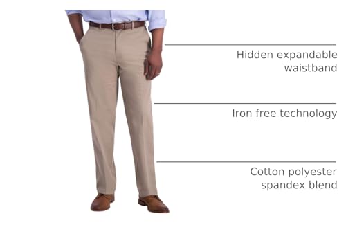 Haggar Men's Iron Free Premium Khaki Classic Fit Flat Front Expandable Waist Casual Pant, Medium Khaki, 38 x 32
