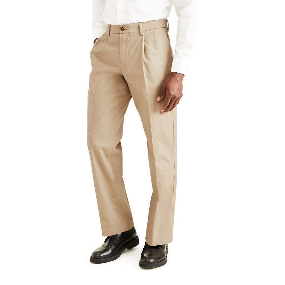 Dockers Men's Classic Fit Signature Khaki Lux Cotton Stretch Pants - Pleated (Regular and Big & Tall), Timberwolf, 36W x 34L