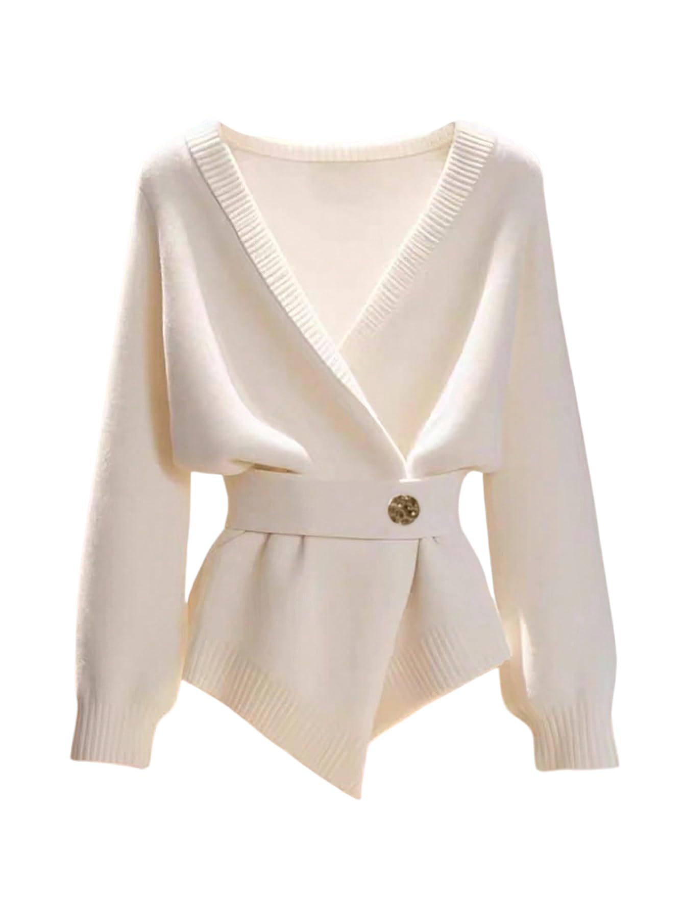 Verdusa Women's Old Money Wrap Belted Cardigan Sweaters Elegant Fall Outerwear Formal Outfits White Medium