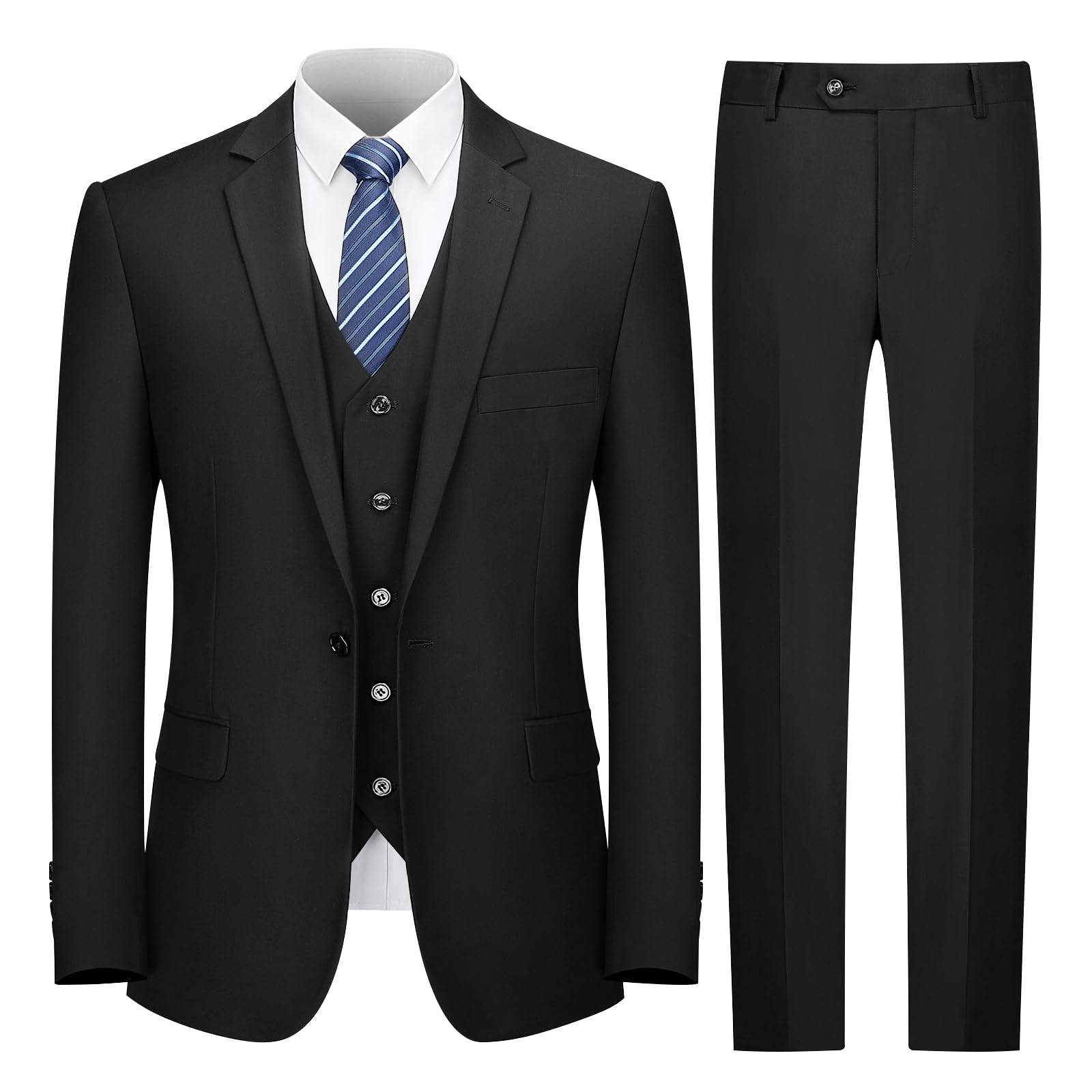 Cooper & Nelson Men's Suit Slim Fit, 3 Piece Suits for Men, One Button Jacket Vest Pants with Tie, Tuxedo Set Black L