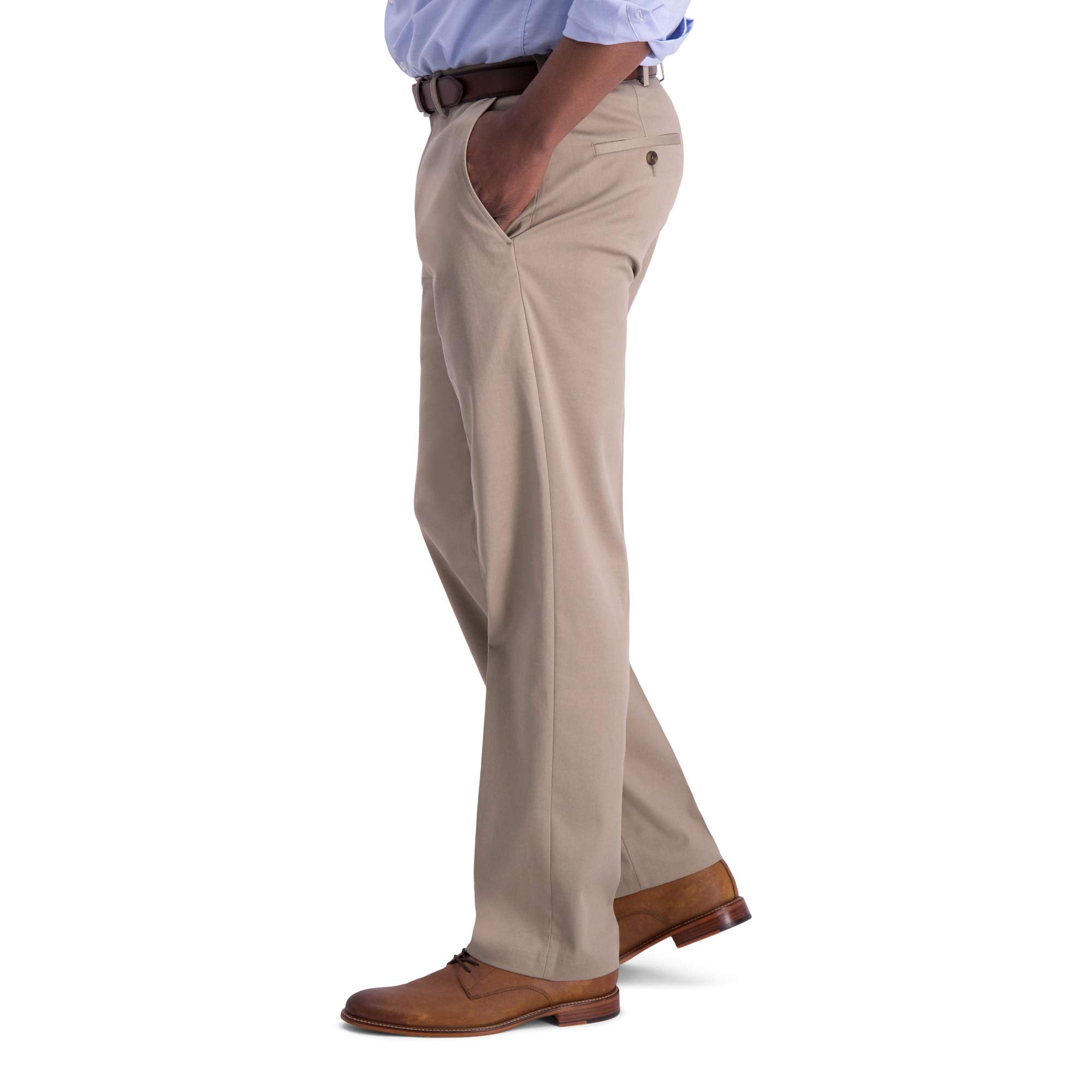 Haggar Men's Iron Free Premium Khaki Classic Fit Flat Front Expandable Waist Casual Pant, Medium Khaki, 38 x 32