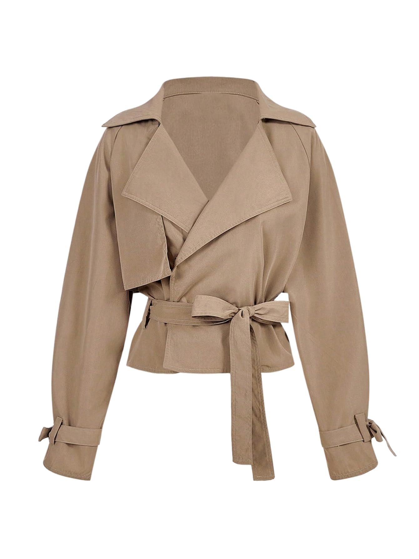 Verdusa Women's Old Money Wrap Tie Belted Trench Coat Lapel Collar Double Breasted Short Outerwear Khaki Large