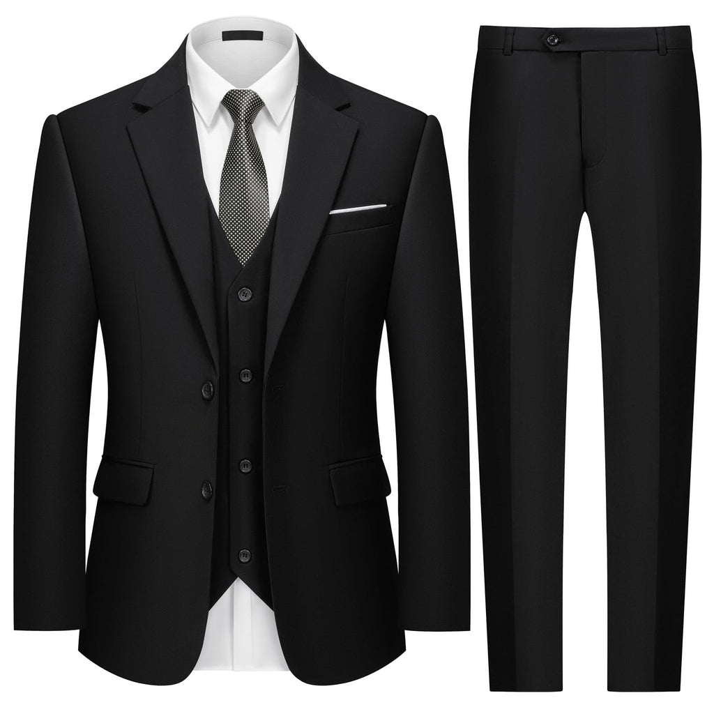 MAGE MALE Mens Two Button 3-Piece Suits Slim Fit Tuxedo Set with Blazer Jacket Vest & Pants for Wedding Prom Business Black