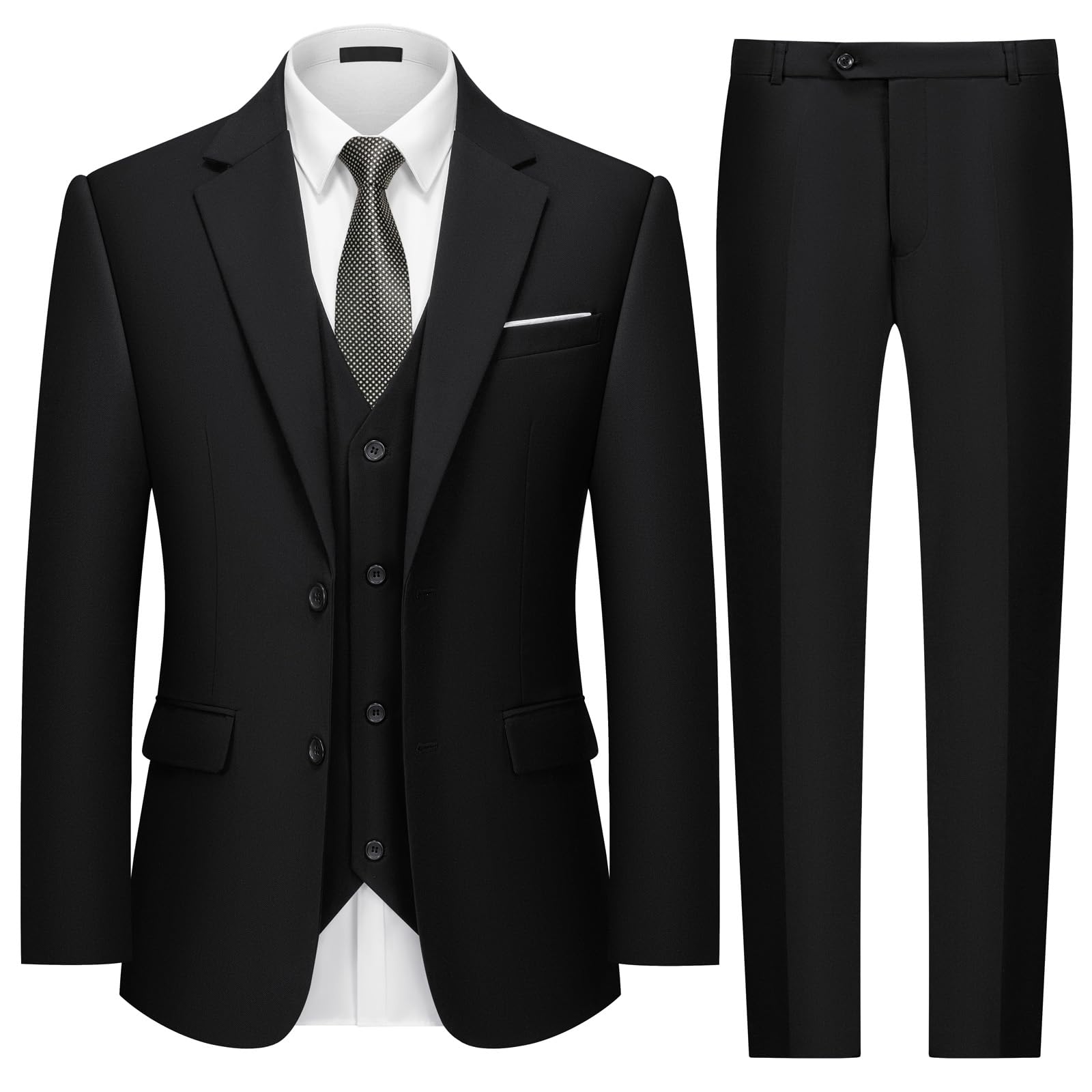 MAGE MALE Mens Two Button 3-Piece Suits Slim Fit Tuxedo Set with Blazer Jacket Vest & Pants for Wedding Prom Business Black