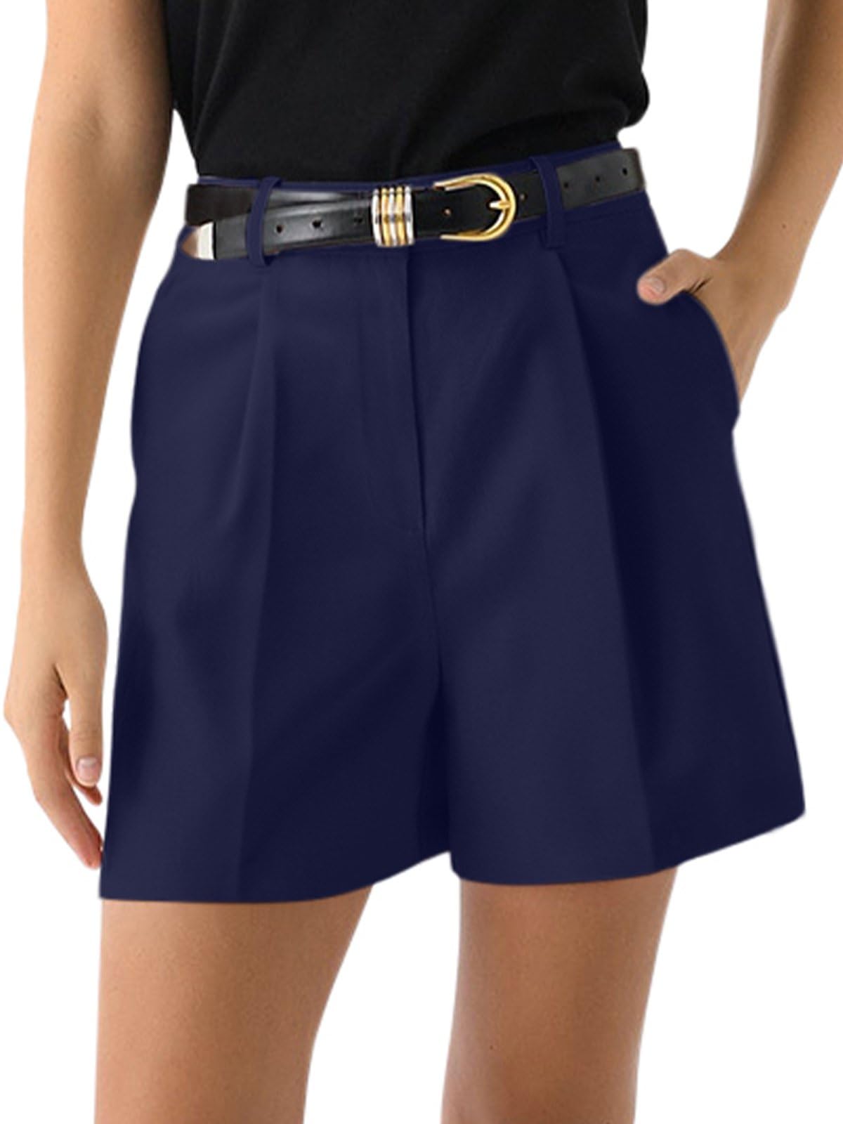 NIMIN Shorts for Women High Waisted Dressy Tailored Work Shorts Pleated Business Casual Work Office 2025 Summer Trendy Trouser Linen Shorts Navy Blue Small