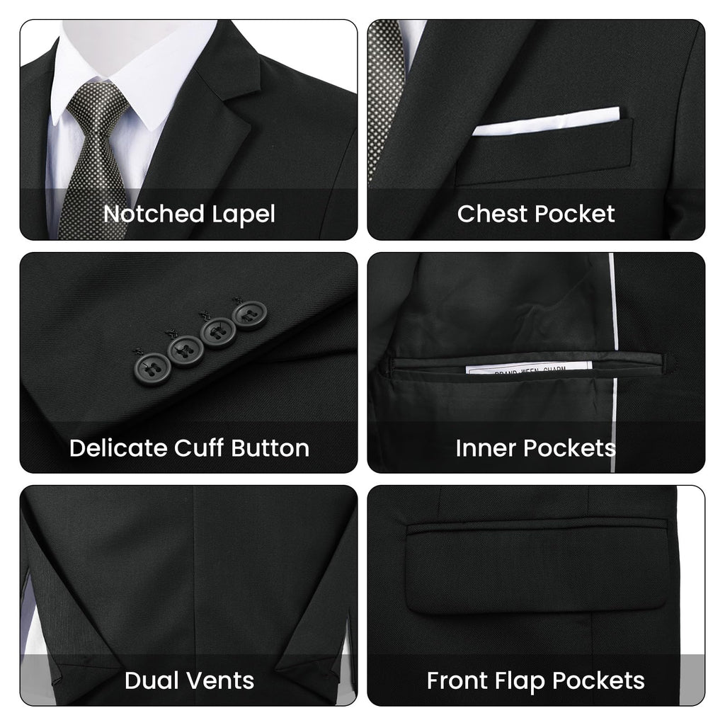 MAGE MALE Mens Two Button 3-Piece Suits Slim Fit Tuxedo Set with Blazer Jacket Vest & Pants for Wedding Prom Business Black