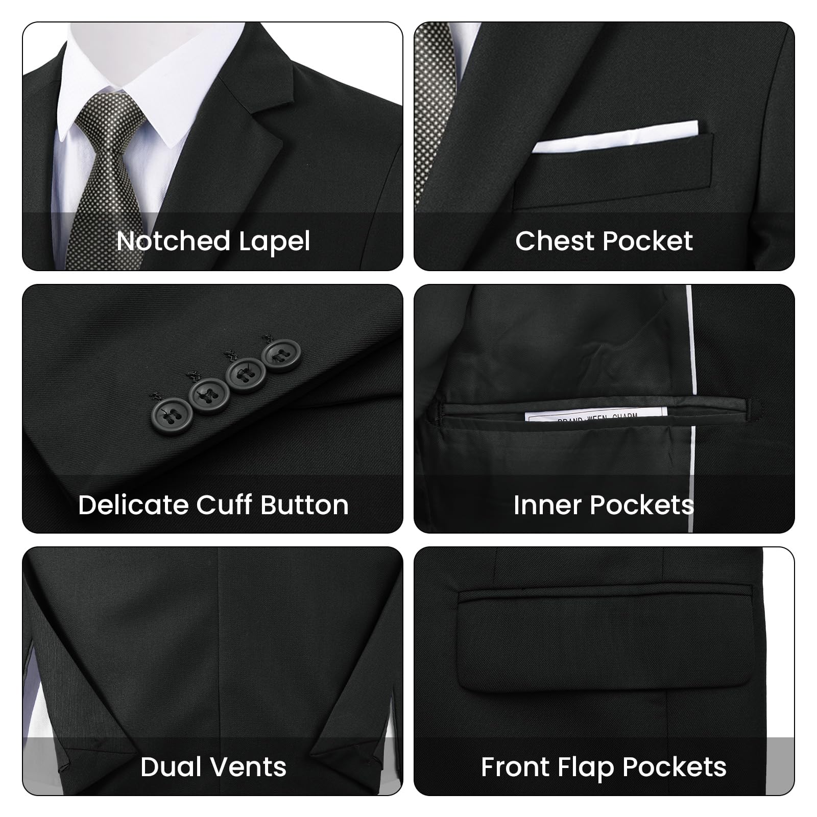 MAGE MALE Mens Two Button 3-Piece Suits Slim Fit Tuxedo Set with Blazer Jacket Vest & Pants for Wedding Prom Business Black