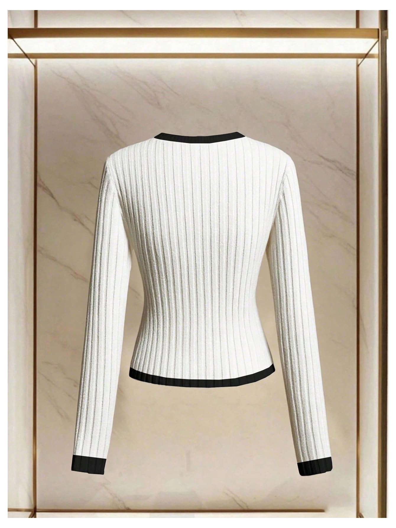 Verdusa Women's Old Money Short Sweater Wrap Slit Pullovers Fall Rib Knit Tops Black and White Large