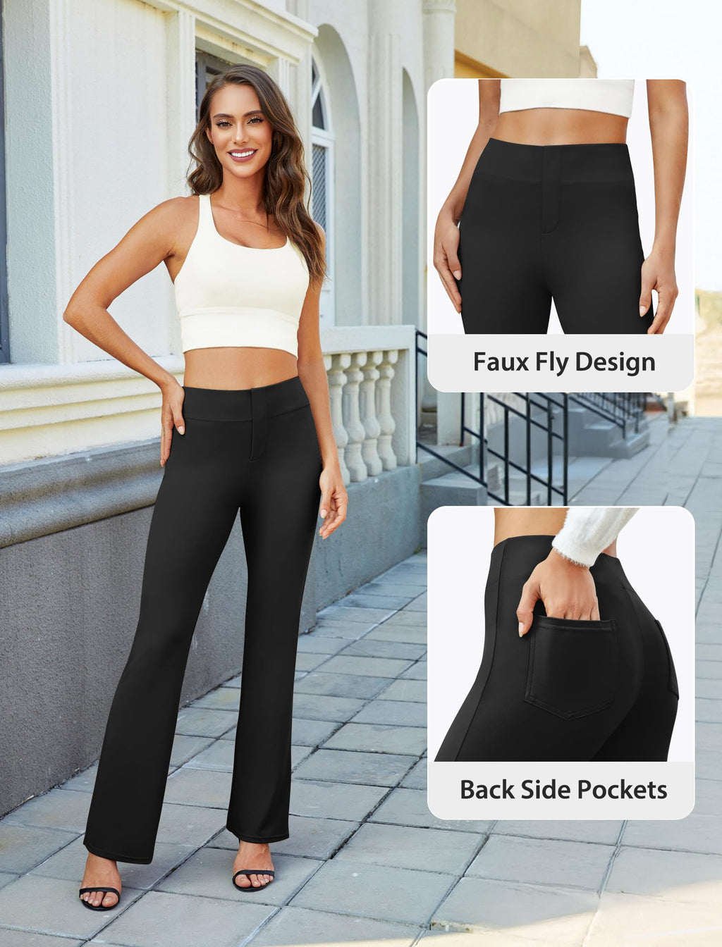 DLOODA Womens Bootcut Dress Pants Business Casual Work Pants with Pockets High Waist Stretchy Trousers Pull On Office Slacks Black