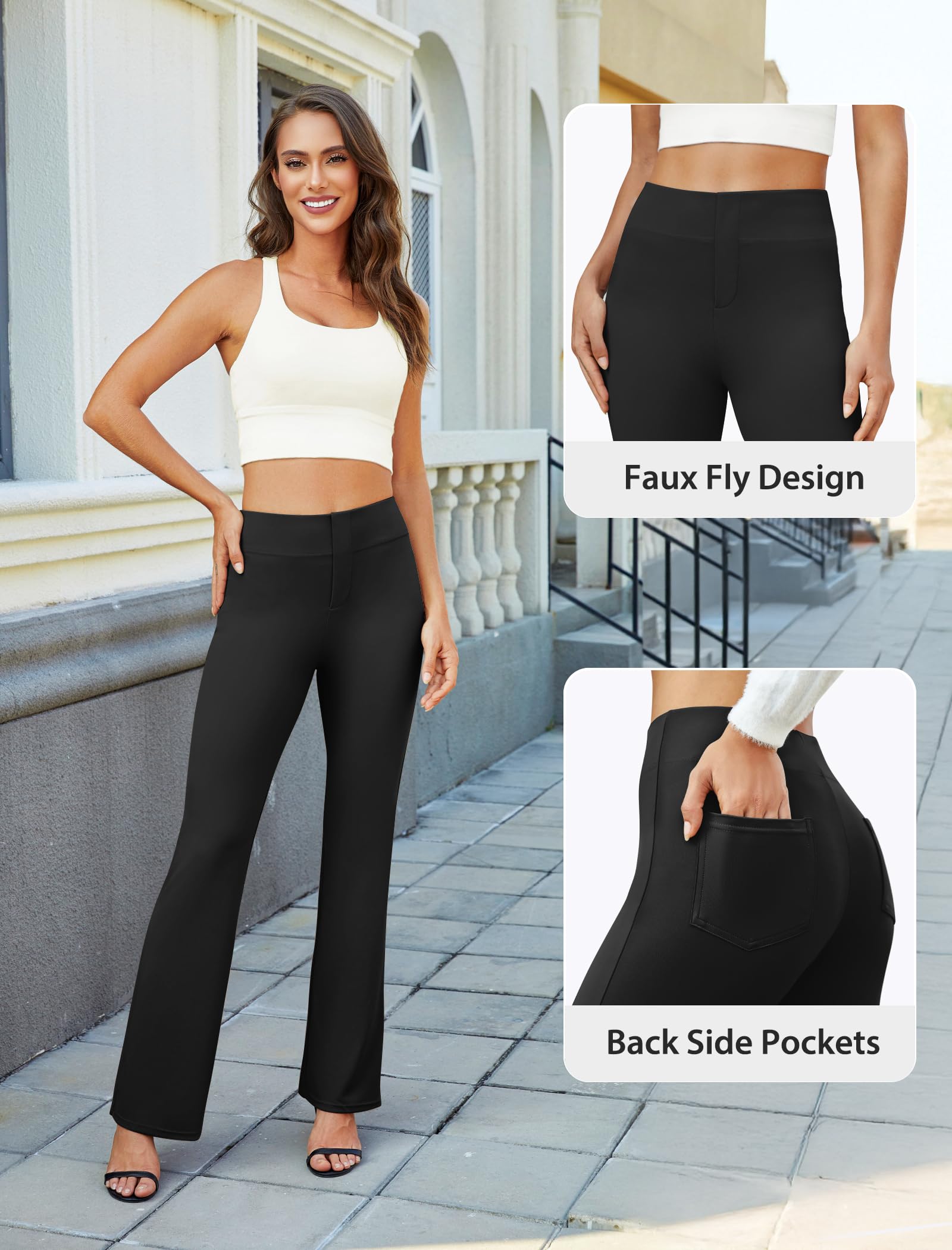 DLOODA Womens Bootcut Dress Pants Business Casual Work Pants with Pockets High Waist Stretchy Trousers Pull On Office Slacks Black