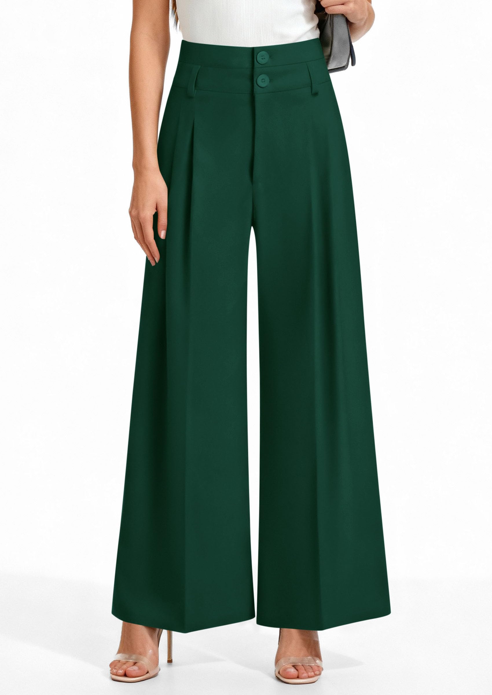 PRETTYGARDEN Womens Spring Wide Leg Palazzo Pants 2026 Trendy Loose Button High Waist Pleated Work Business Casual Trousers (Dark Green,Medium)