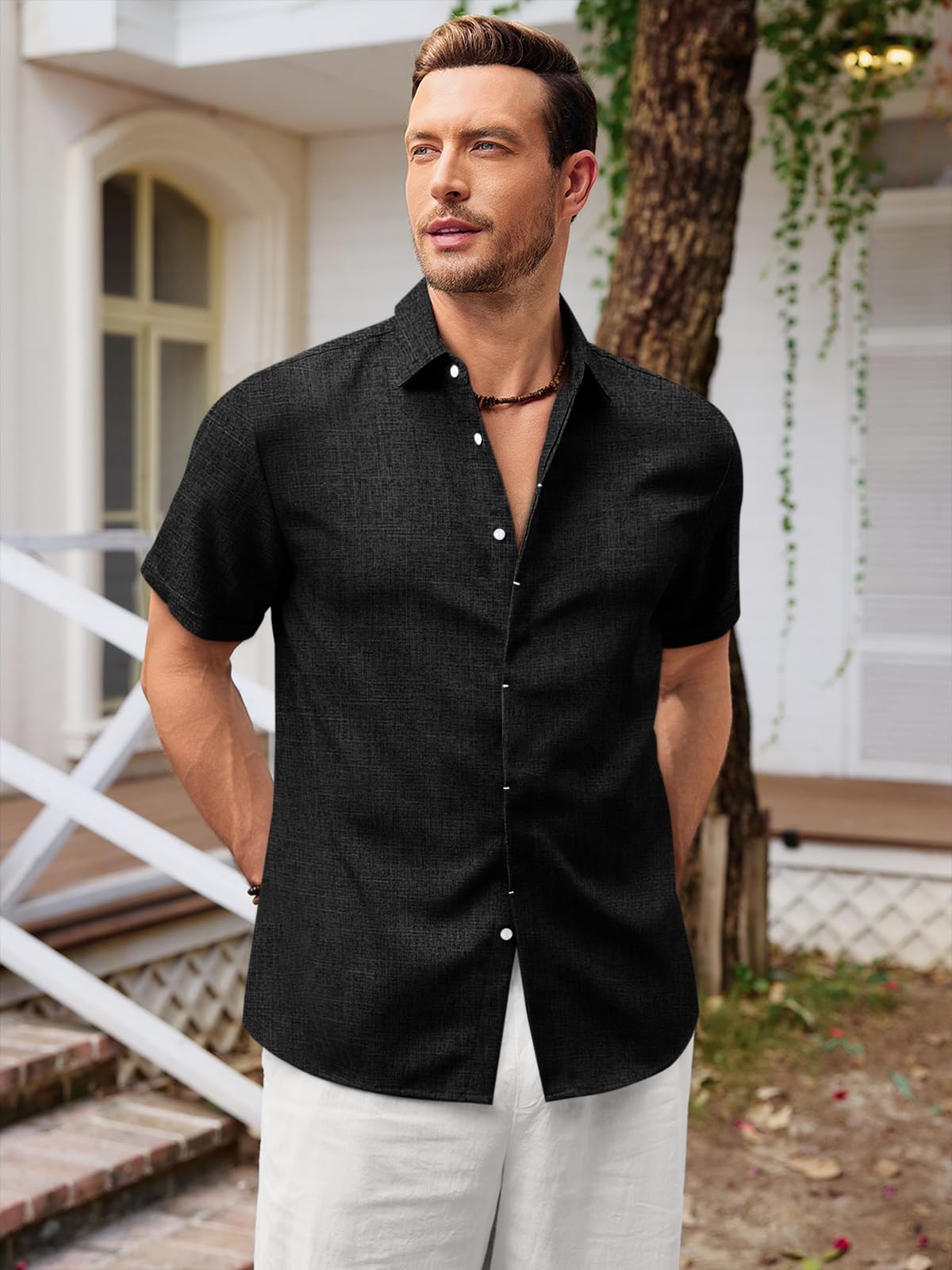 Runcati Mens Short Sleeve Linen Shirts Button Down Casual Texture Summer Beach Wedding Tops Black