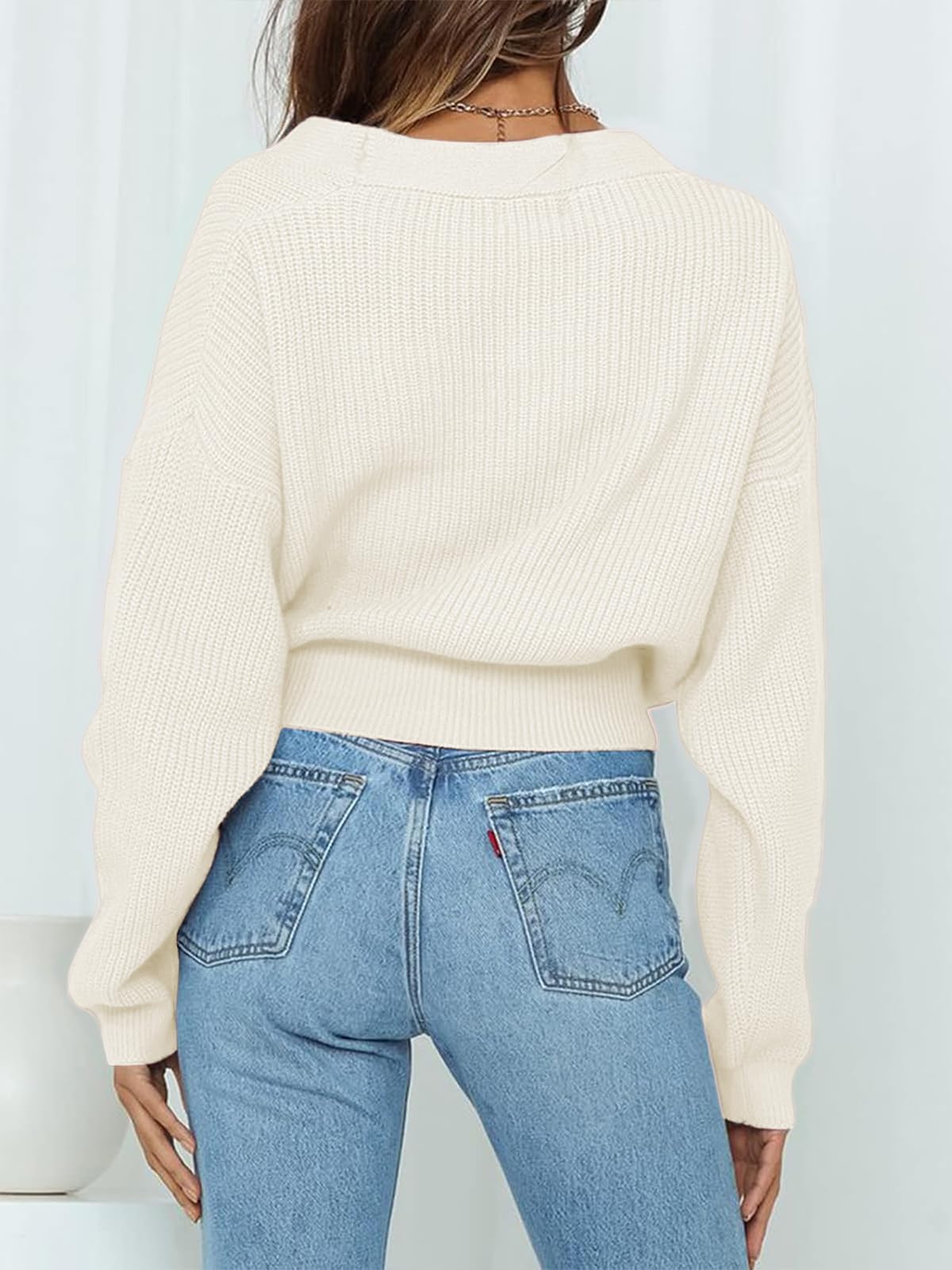 LANSALIRO Women's Casual V Neck Wrap Sweater Pullovers Lightweight Ribbed Drop Shoulder Knitted Tops Apricot