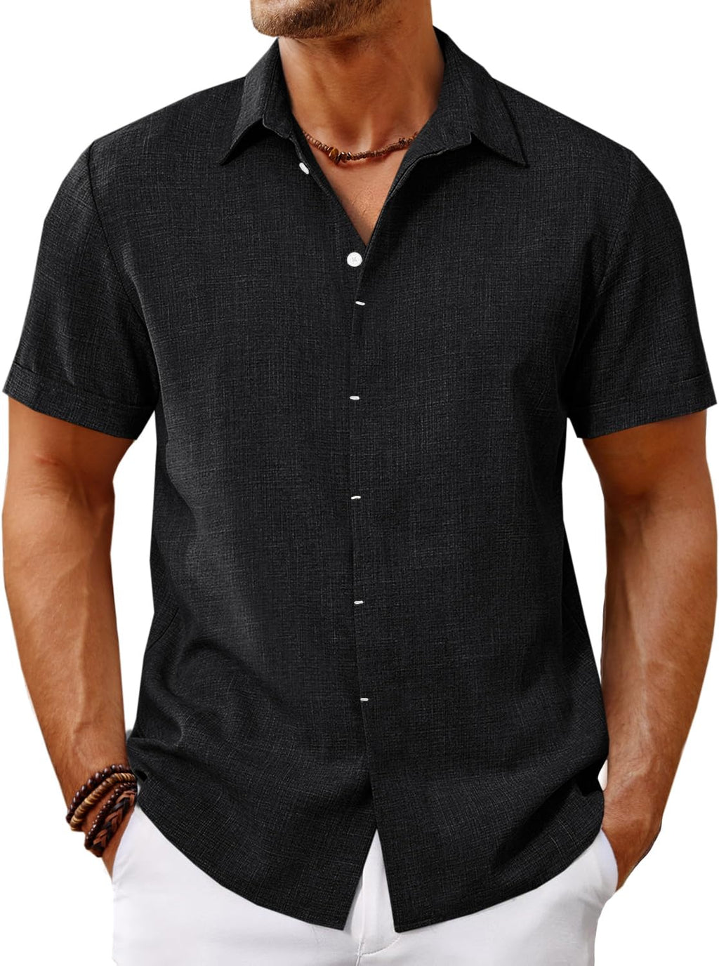 Runcati Mens Short Sleeve Linen Shirts Button Down Casual Texture Summer Beach Wedding Tops Black