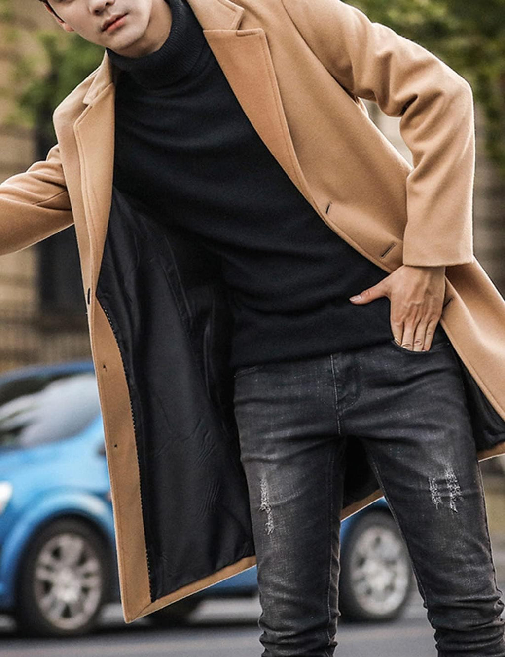 Springrain Men's Wool Blend Pea Coat Notched Collar Single Breasted Overcoat Warm Winter Trench Coat(Khaki-XXL)