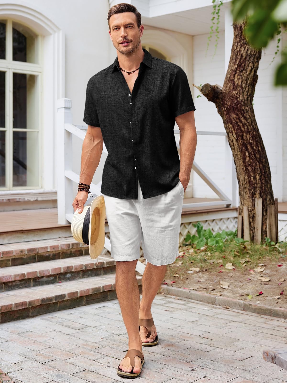 Runcati Mens Short Sleeve Linen Shirts Button Down Casual Texture Summer Beach Wedding Tops Black