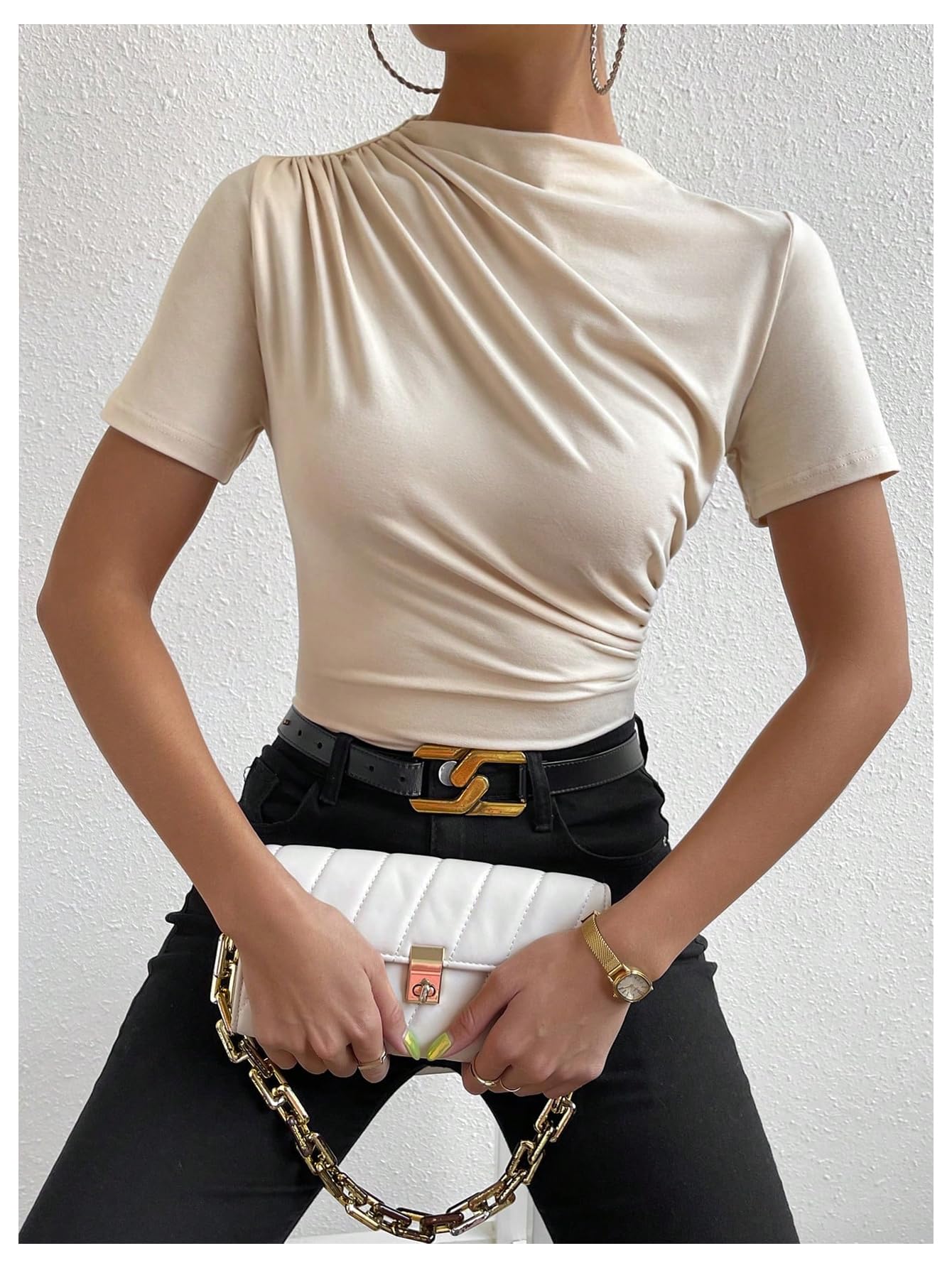 SweatyRocks Women's Ruched Mock Neck T Shirt Short Sleeve Fitted Summer Basic Tops Apricot Large