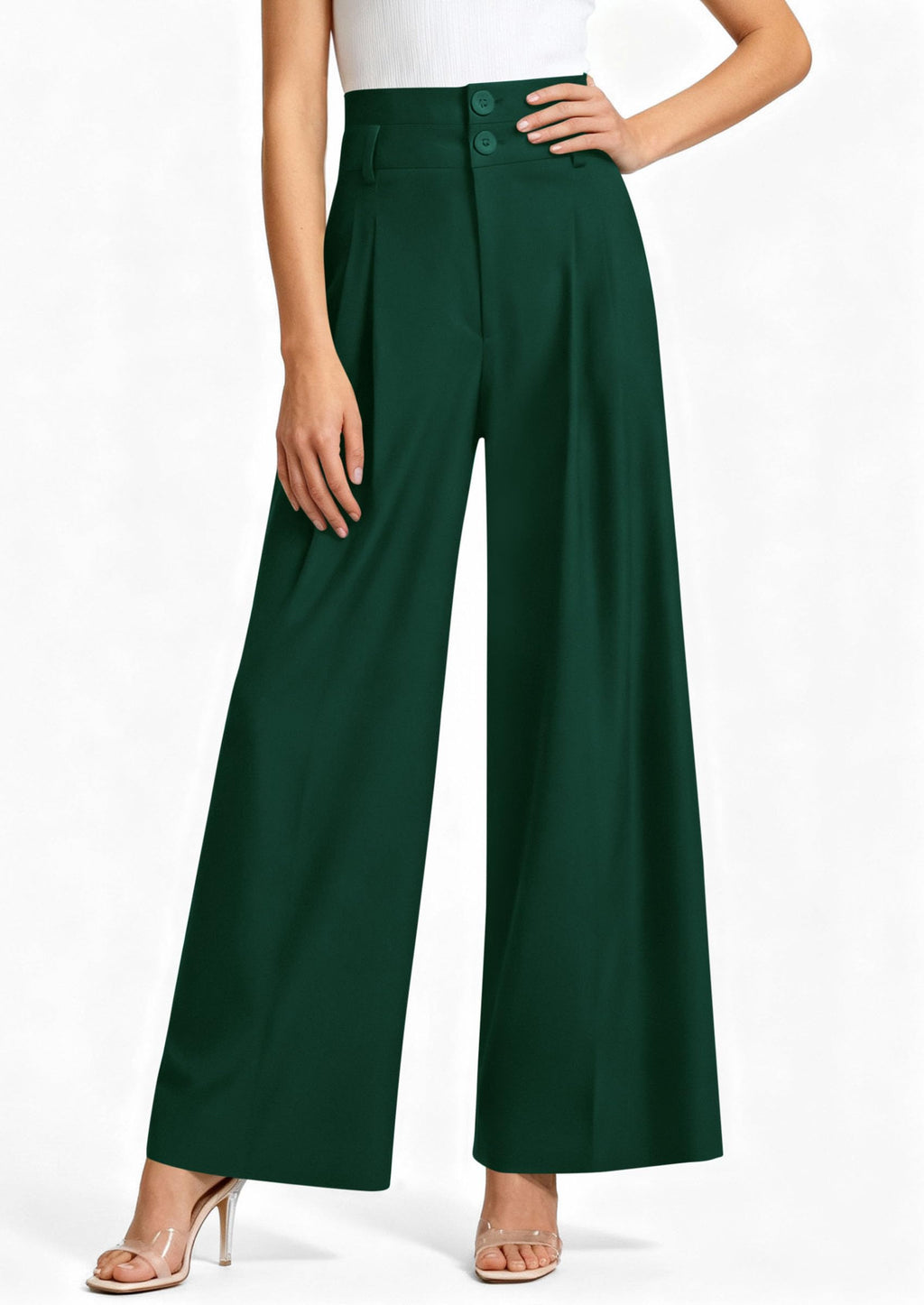 PRETTYGARDEN Womens Spring Wide Leg Palazzo Pants 2026 Trendy Loose Button High Waist Pleated Work Business Casual Trousers (Dark Green,Medium)