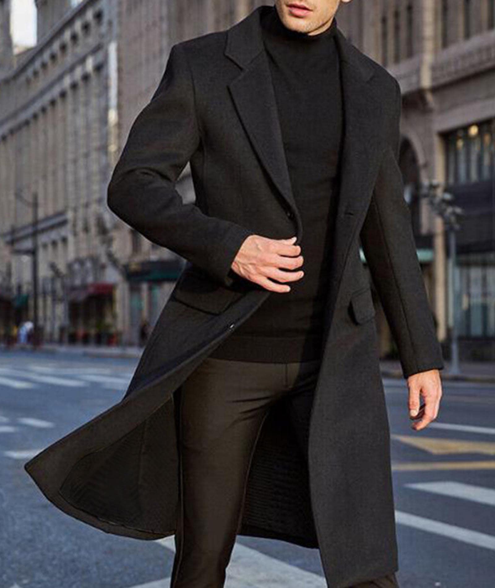 SOMTHRON Men's Casual Trench Coat Slim Fit Notched Collar Long Jacket Overcoat Single Breasted Pea Coat wih Pockets BL-L