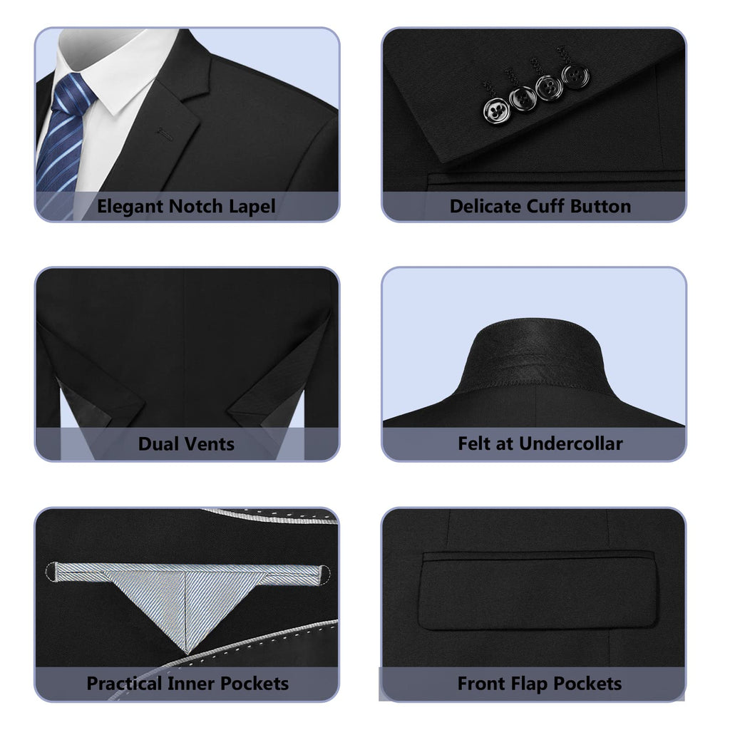 Cooper & Nelson Men's Suit Slim Fit, 3 Piece Suits for Men, One Button Jacket Vest Pants with Tie, Tuxedo Set Black L