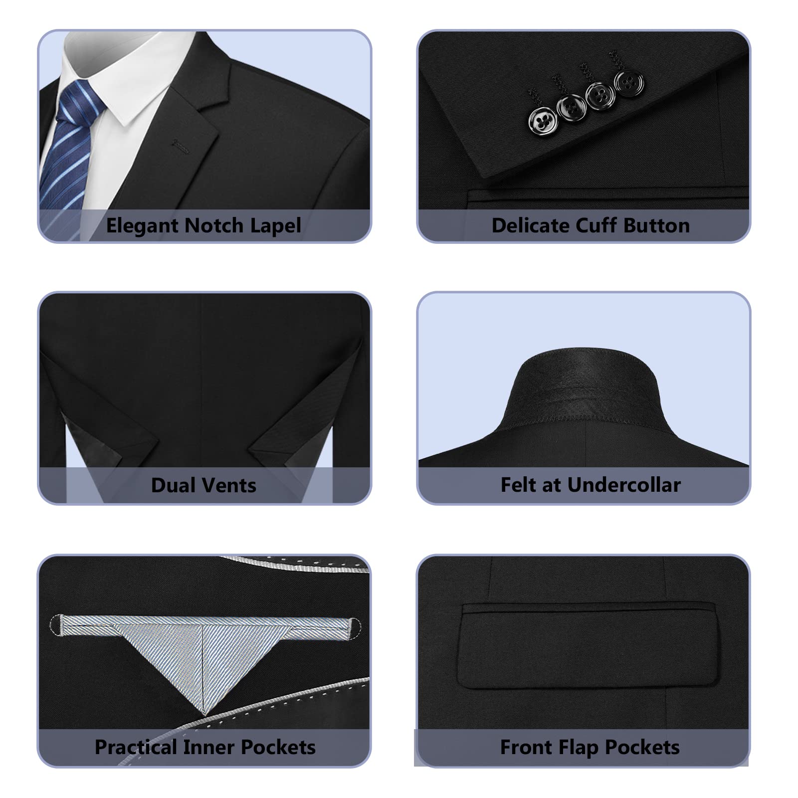 Cooper & Nelson Men's Suit Slim Fit, 3 Piece Suits for Men, One Button Jacket Vest Pants with Tie, Tuxedo Set Black L