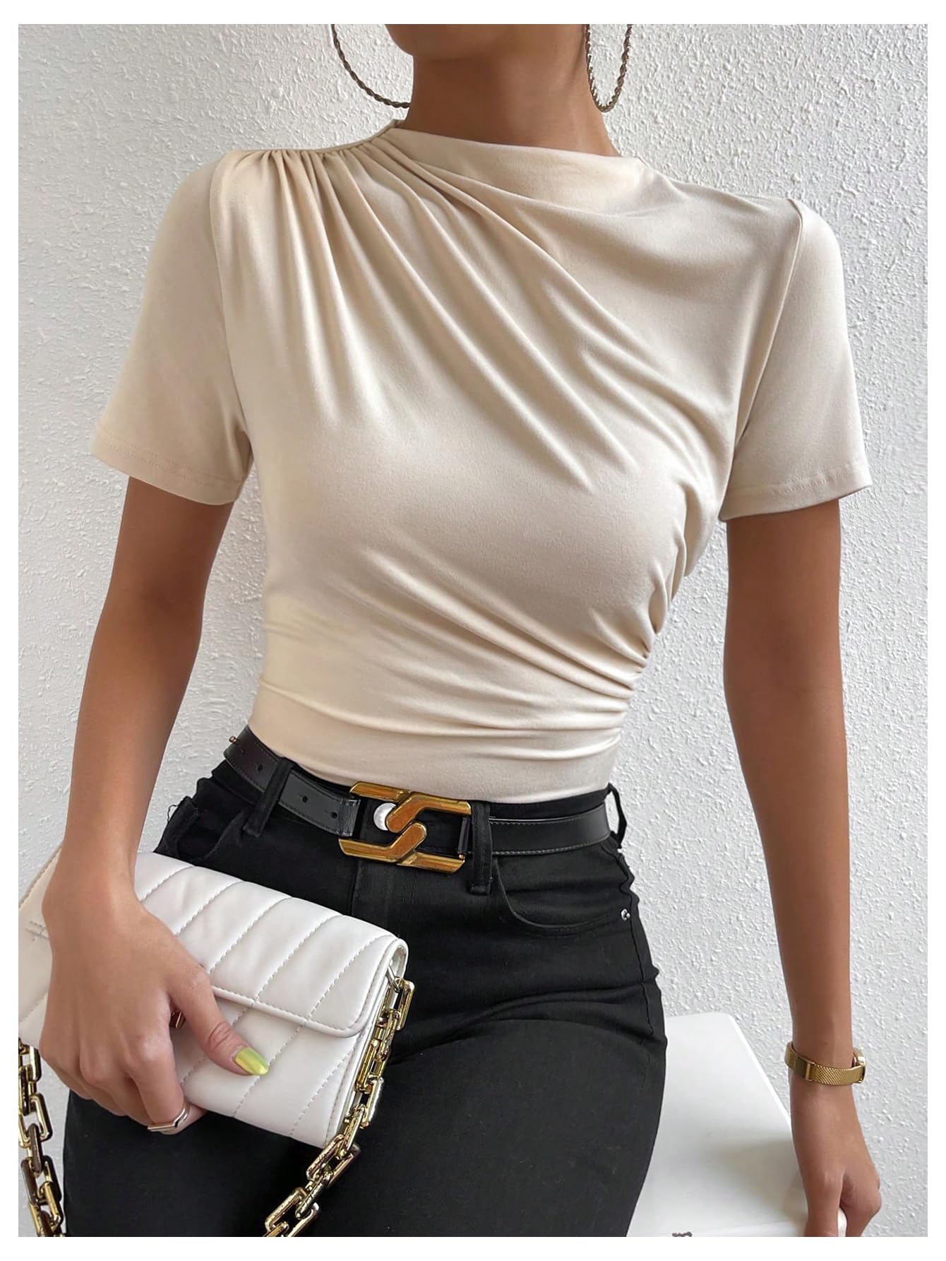SweatyRocks Women's Ruched Mock Neck T Shirt Short Sleeve Fitted Summer Basic Tops Apricot Large