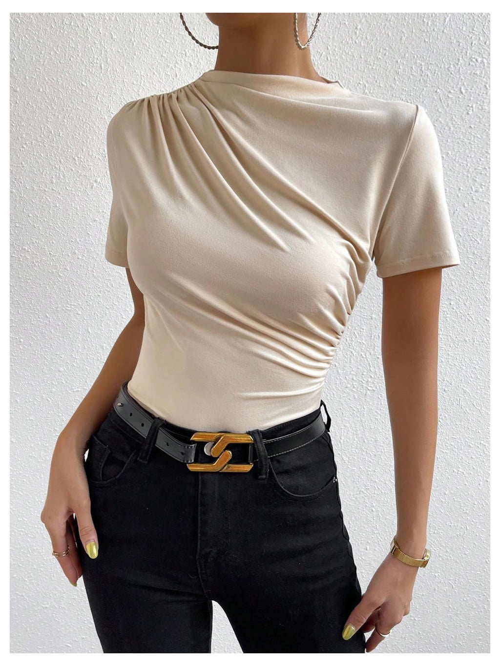 SweatyRocks Women's Ruched Mock Neck T Shirt Short Sleeve Fitted Summer Basic Tops Apricot Large