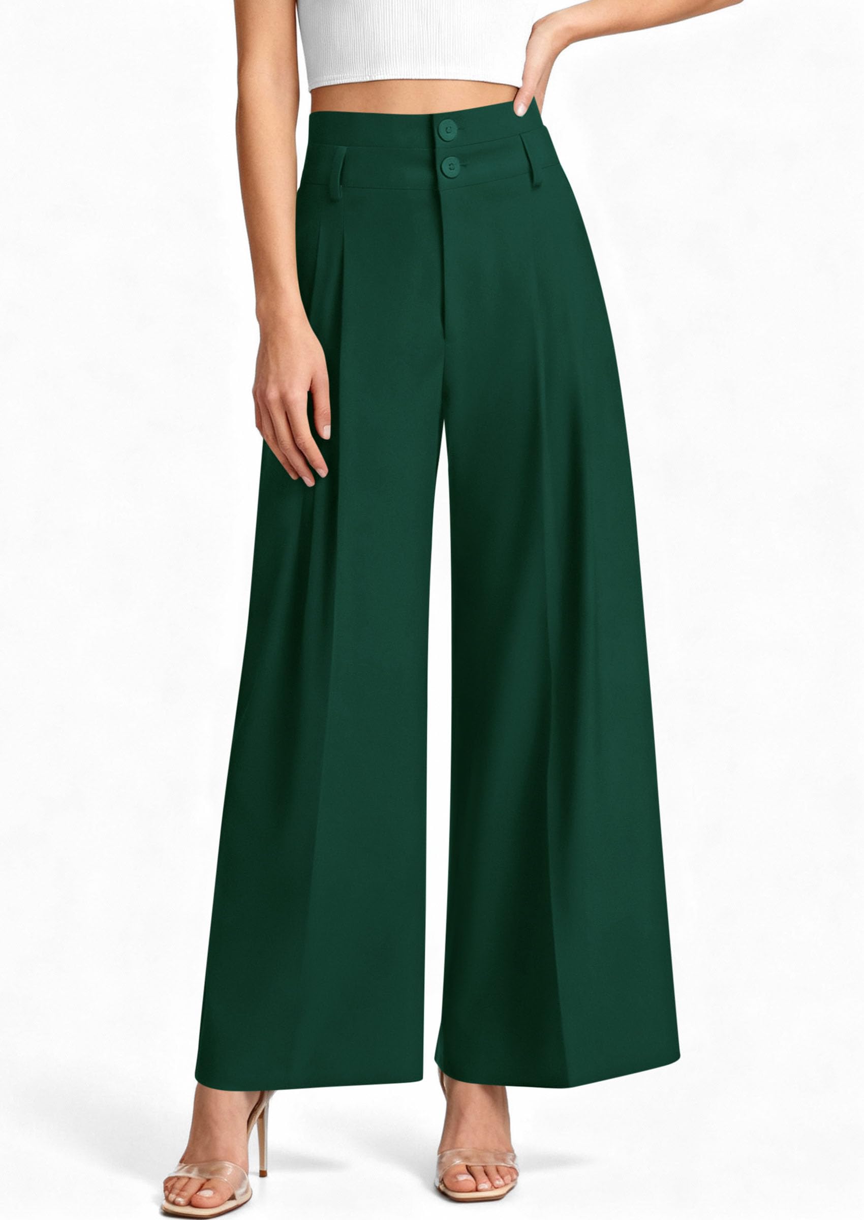 PRETTYGARDEN Womens Spring Wide Leg Palazzo Pants 2026 Trendy Loose Button High Waist Pleated Work Business Casual Trousers (Dark Green,Medium)