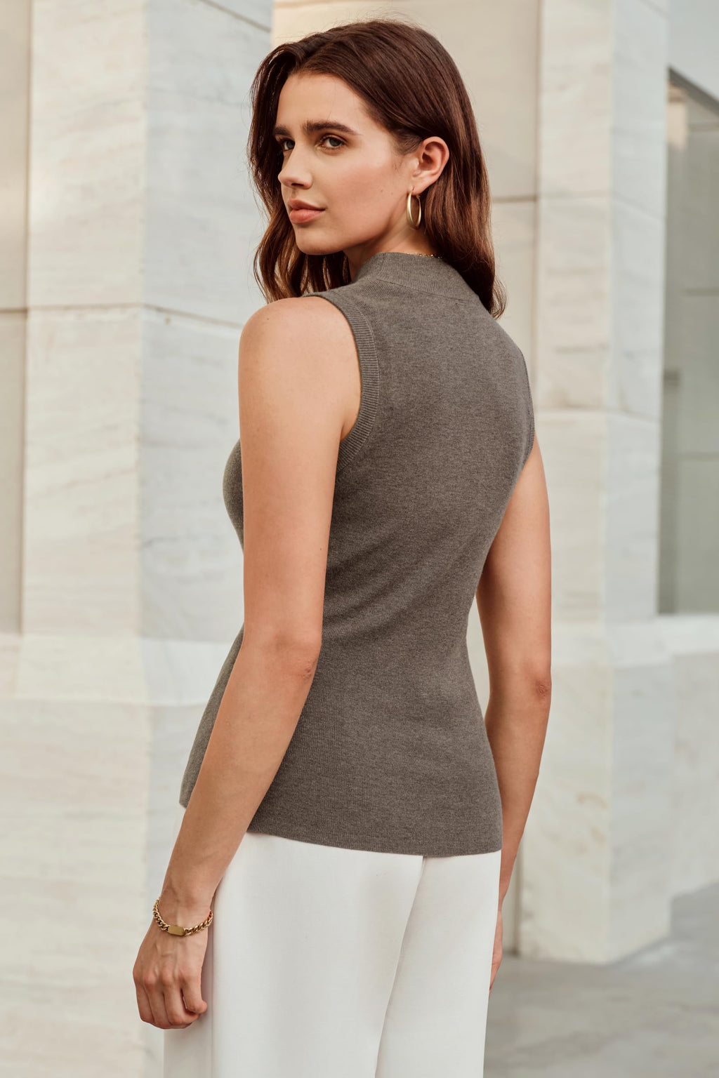 Arach&Cloz 2025 Womens Cashmere Sweater Tank Tops Summer Fall Sleeveless Vest High Mock Neck Soft Stretchy Cute Fashion Dressy Business Casual Teacher Outfits Trendy Knit Slim Work Clothes Coffee L