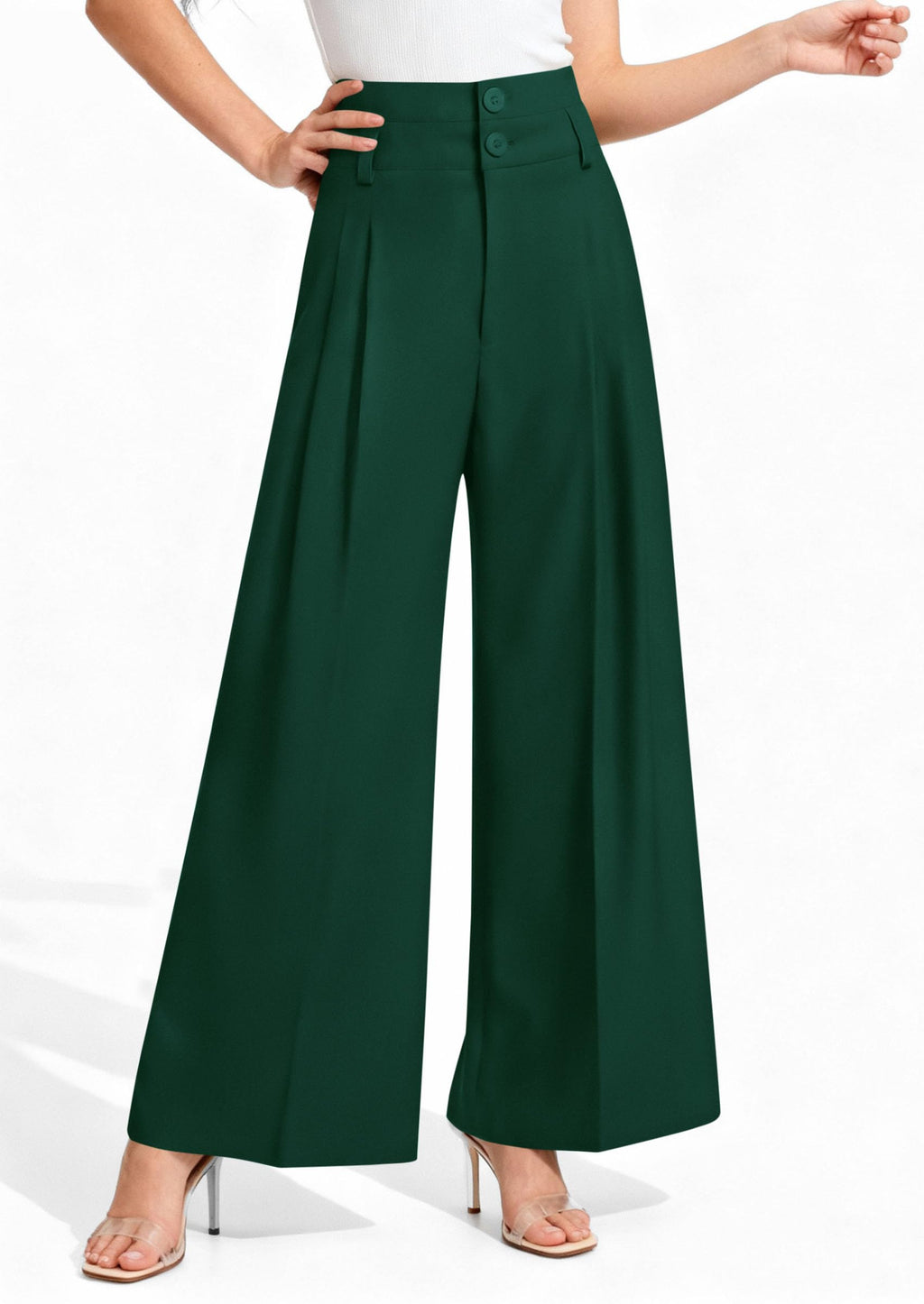 PRETTYGARDEN Womens Spring Wide Leg Palazzo Pants 2026 Trendy Loose Button High Waist Pleated Work Business Casual Trousers (Dark Green,Medium)