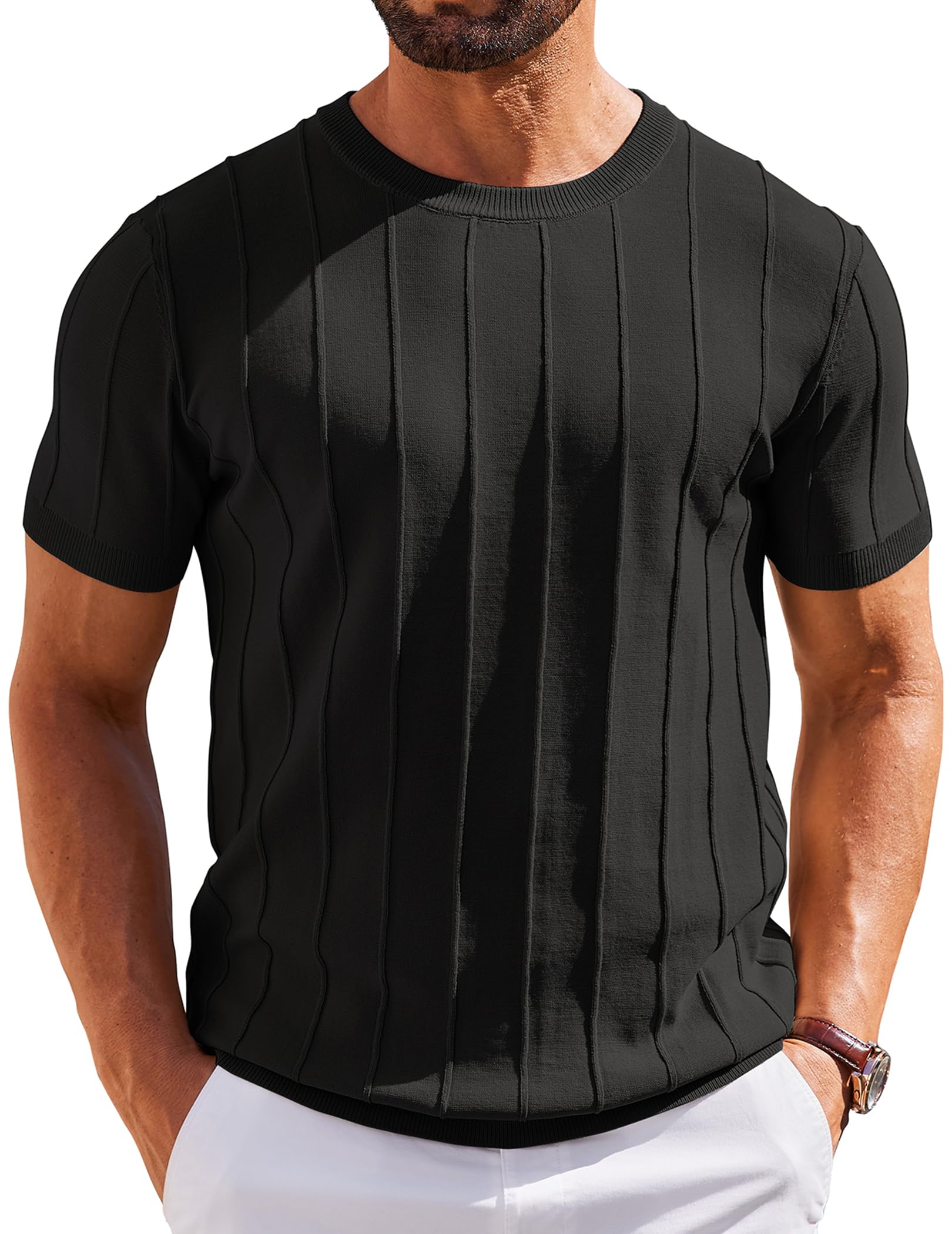 COOFANDY Mens Dress T Shirts Summer Short Sleeve Sweater Shirt Knitted Crewneck Tee Shirt Black
