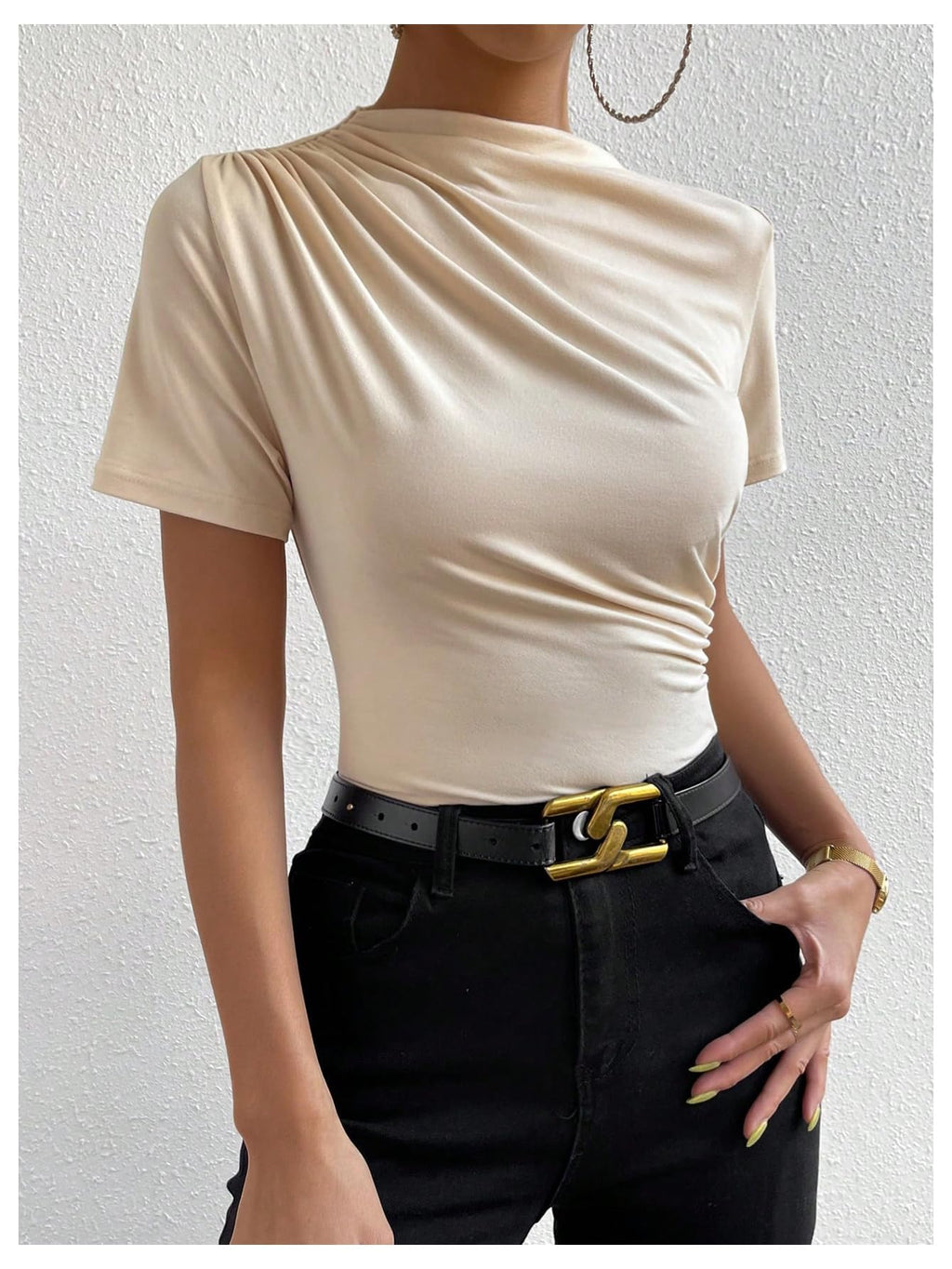 SweatyRocks Women's Ruched Mock Neck T Shirt Short Sleeve Fitted Summer Basic Tops Apricot Large