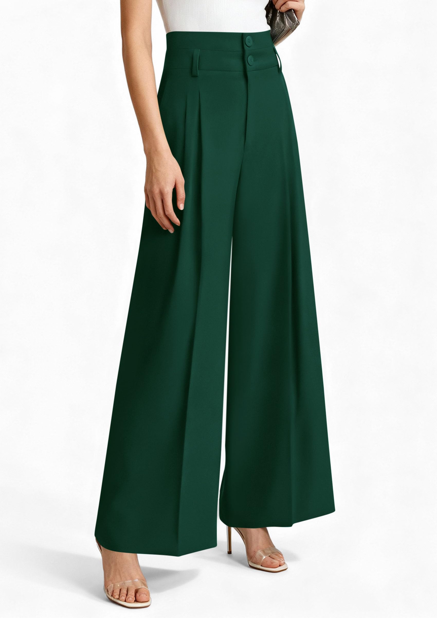 PRETTYGARDEN Womens Spring Wide Leg Palazzo Pants 2026 Trendy Loose Button High Waist Pleated Work Business Casual Trousers (Dark Green,Medium)