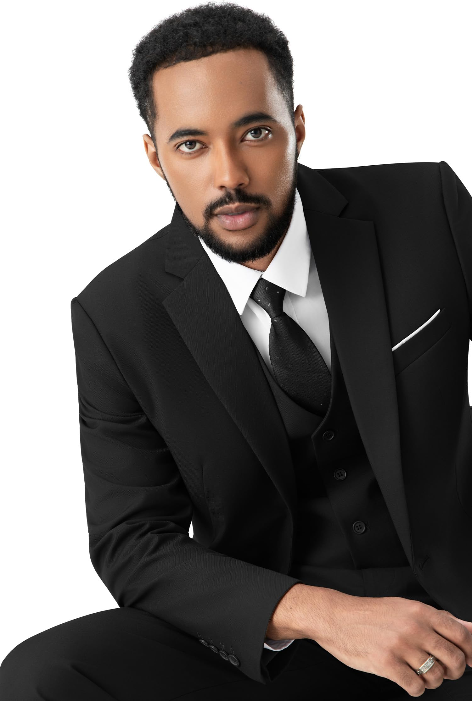 MAGE MALE Mens Two Button 3-Piece Suits Slim Fit Tuxedo Set with Blazer Jacket Vest & Pants for Wedding Prom Business Black