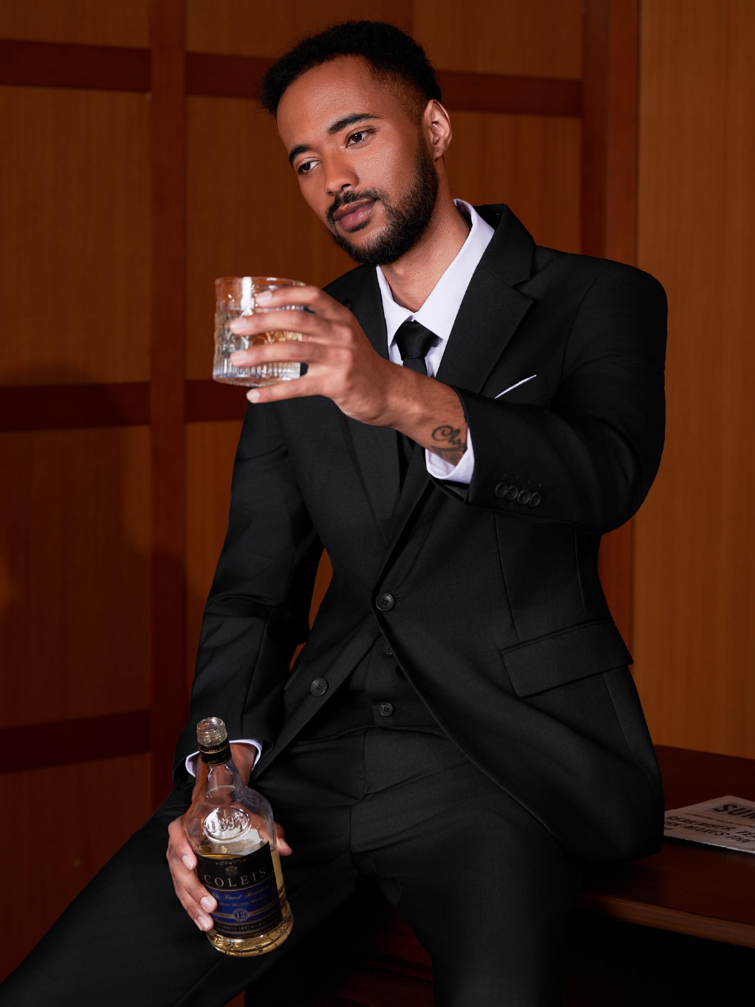 MAGE MALE Mens Two Button 3-Piece Suits Slim Fit Tuxedo Set with Blazer Jacket Vest & Pants for Wedding Prom Business Black