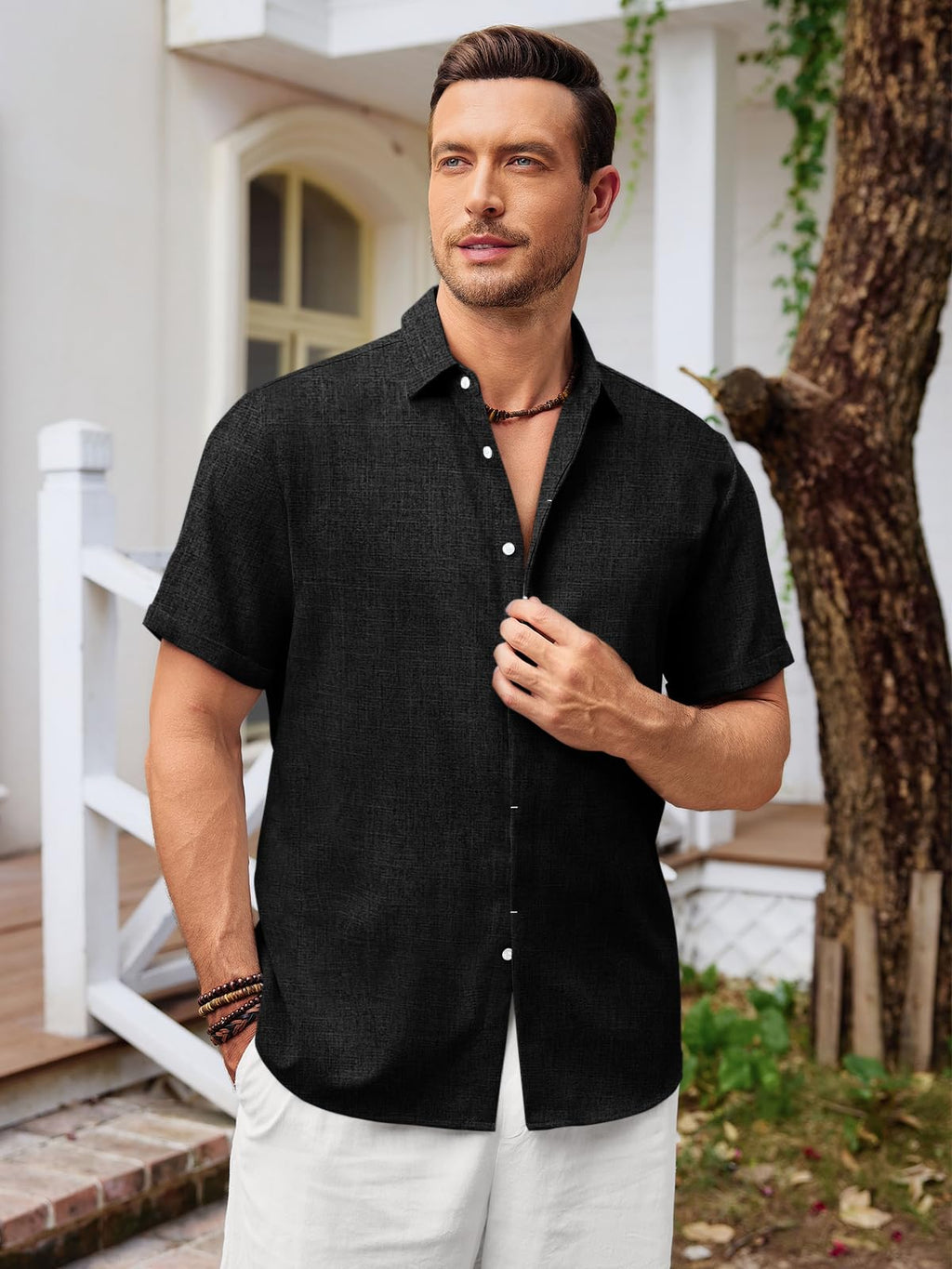 Runcati Mens Short Sleeve Linen Shirts Button Down Casual Texture Summer Beach Wedding Tops Black