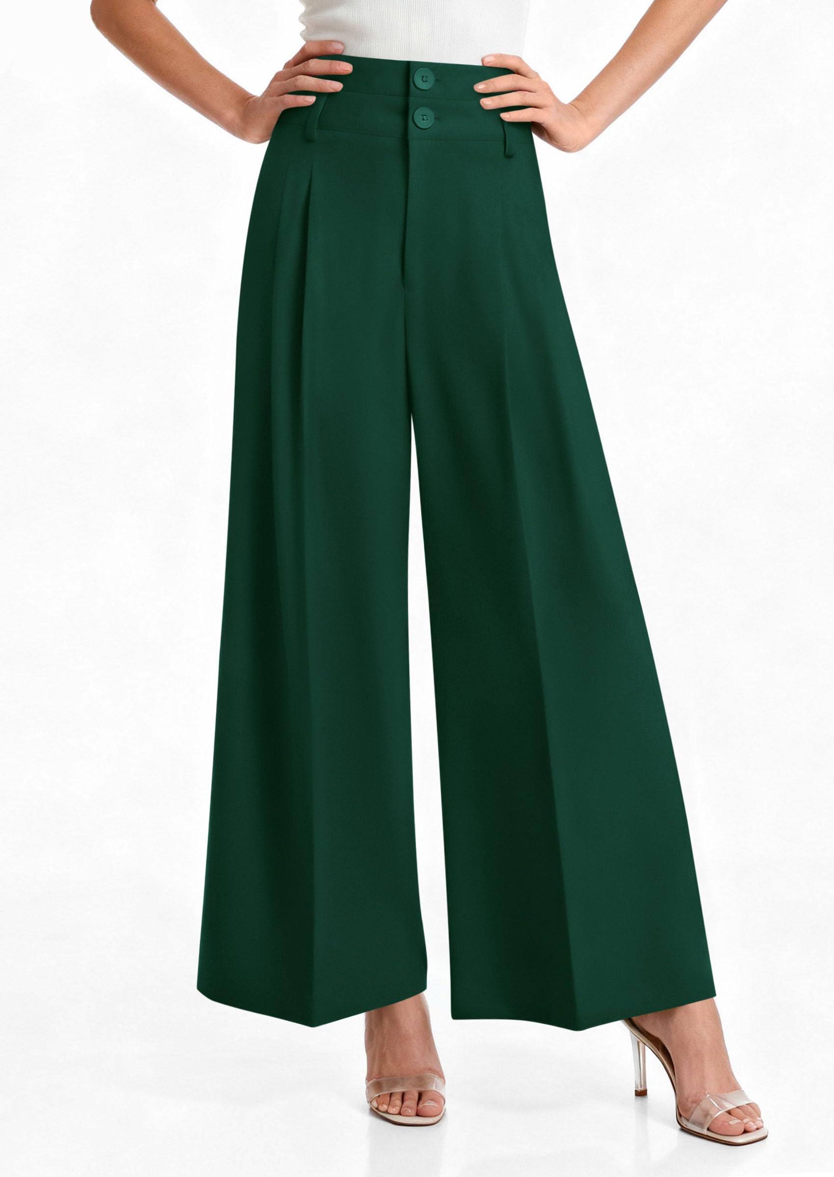 PRETTYGARDEN Womens Spring Wide Leg Palazzo Pants 2026 Trendy Loose Button High Waist Pleated Work Business Casual Trousers (Dark Green,Medium)
