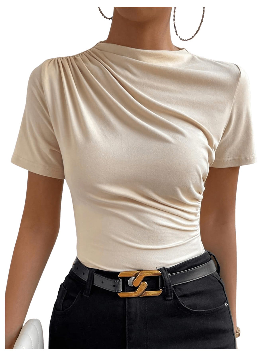 SweatyRocks Women's Ruched Mock Neck T Shirt Short Sleeve Fitted Summer Basic Tops Apricot Large