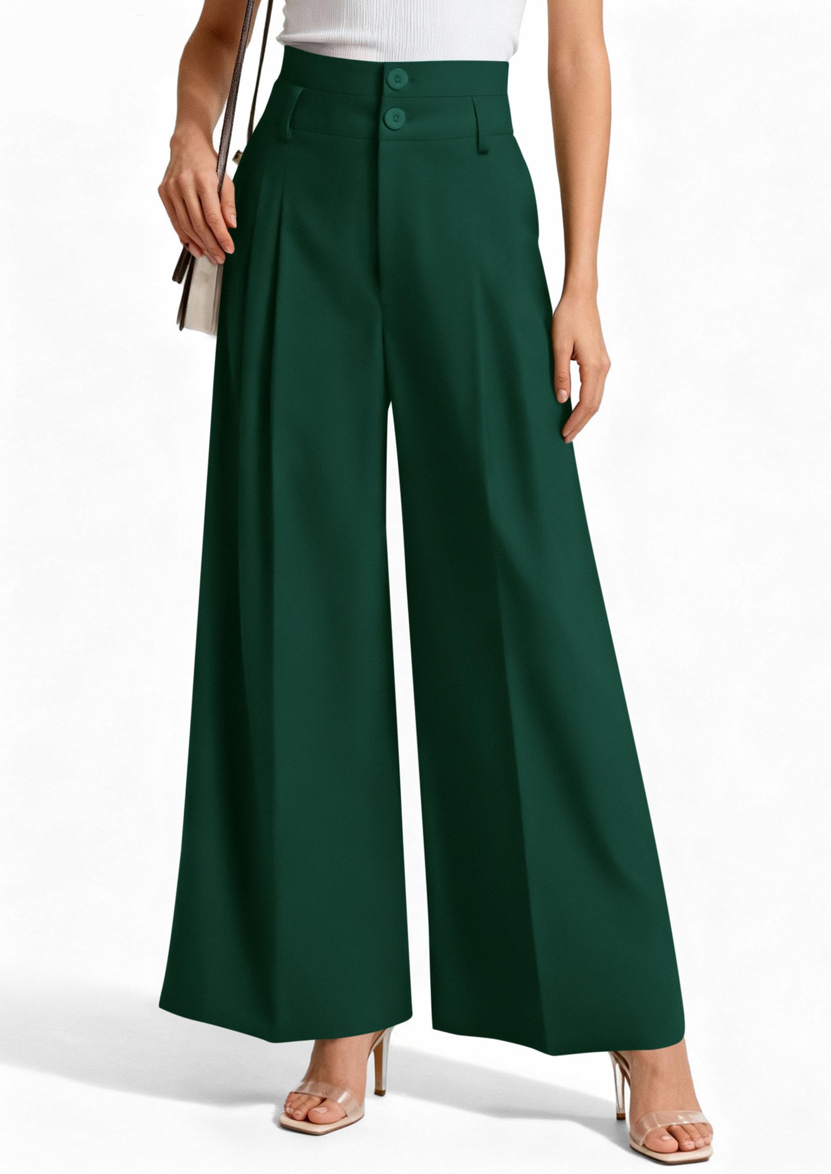 PRETTYGARDEN Womens Spring Wide Leg Palazzo Pants 2026 Trendy Loose Button High Waist Pleated Work Business Casual Trousers (Dark Green,Medium)