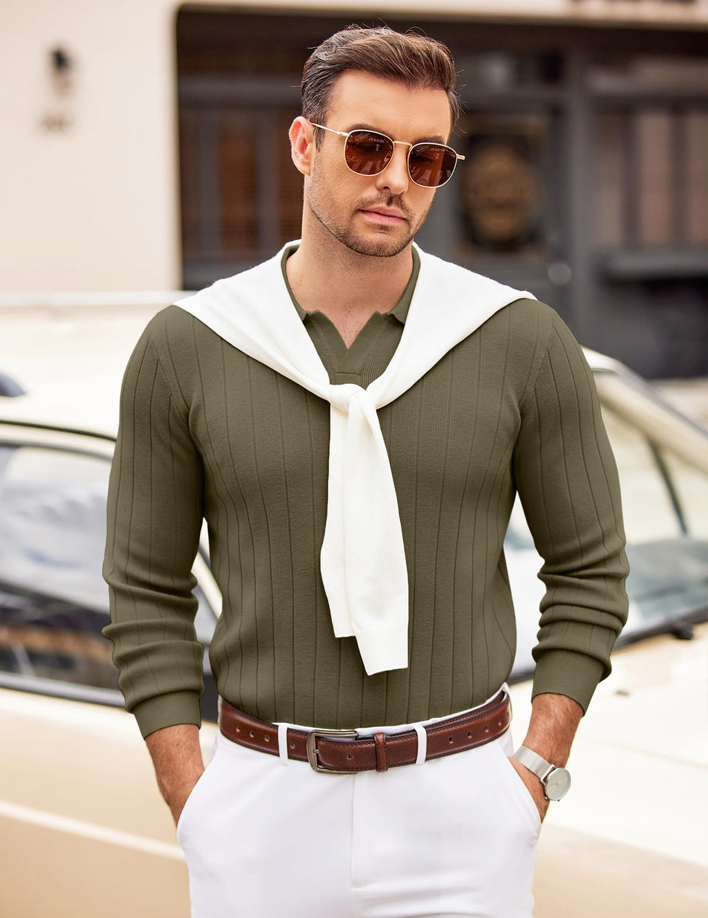 COOFANDY Men's Knit Polo Long Sleeve Sweaters Collared Polo Sweater Casual Dress Pullover Fashion Golf Sweater Tops Army Green