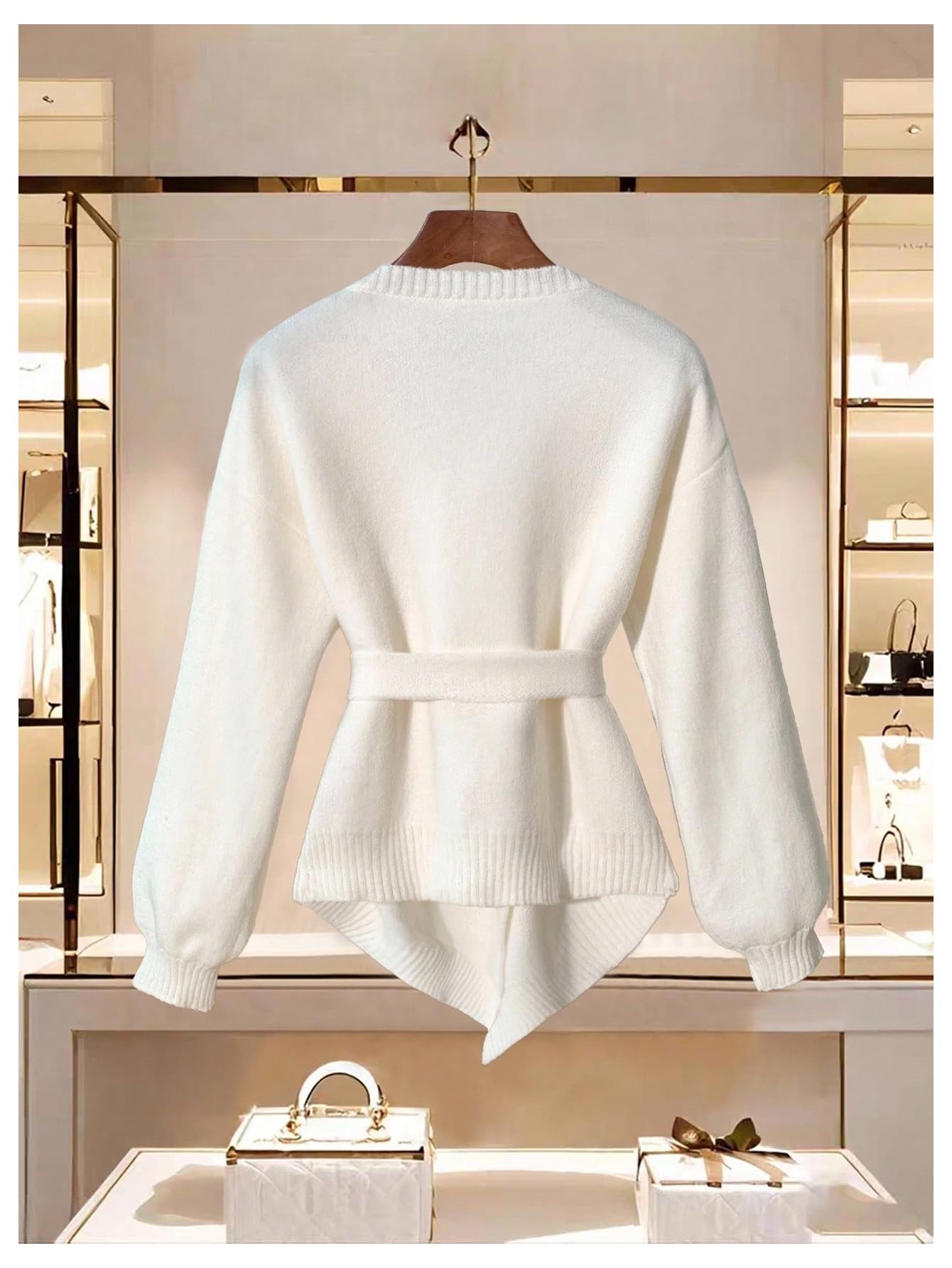 Verdusa Women's Old Money Wrap Belted Cardigan Sweaters Elegant Fall Outerwear Formal Outfits White Medium