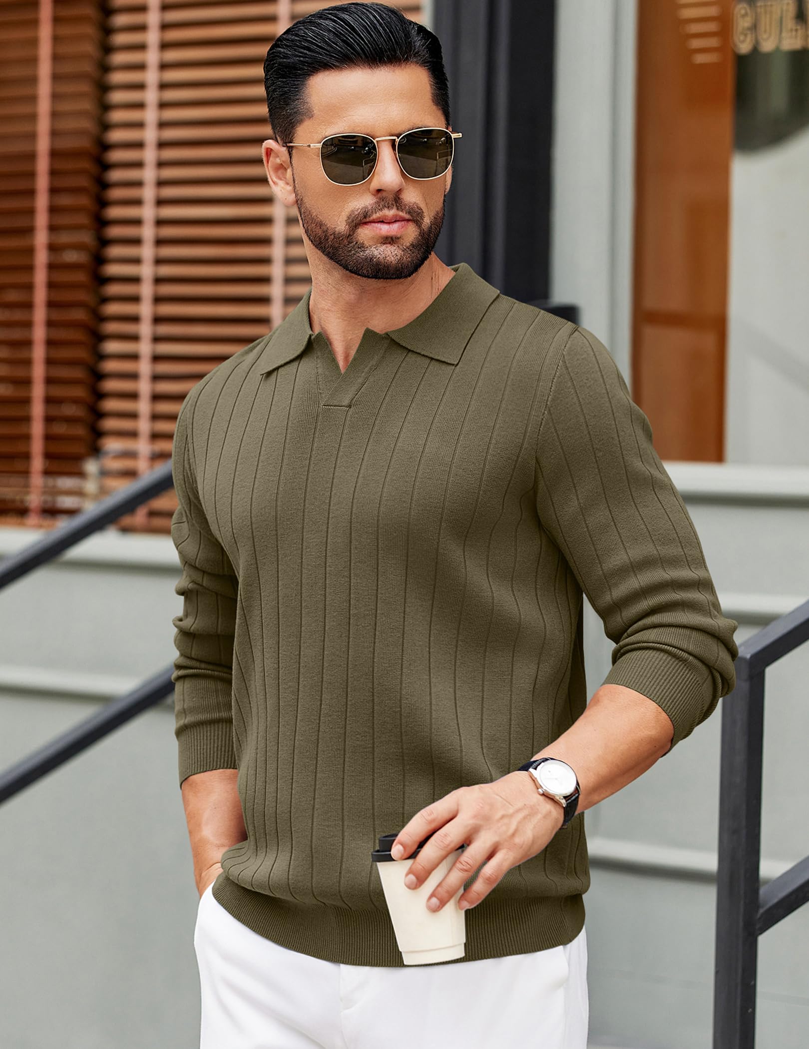 COOFANDY Men's Knit Polo Long Sleeve Sweaters Collared Polo Sweater Casual Dress Pullover Fashion Golf Sweater Tops Army Green