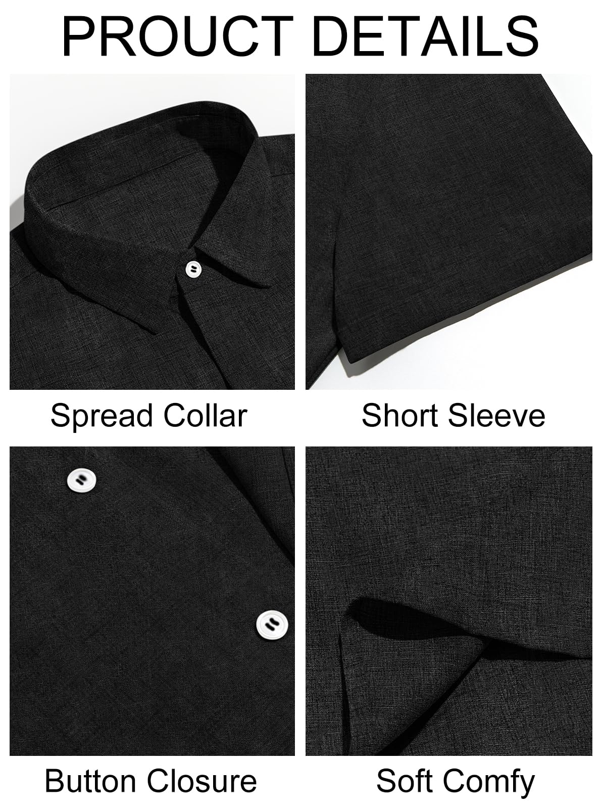 Runcati Mens Short Sleeve Linen Shirts Button Down Casual Texture Summer Beach Wedding Tops Black