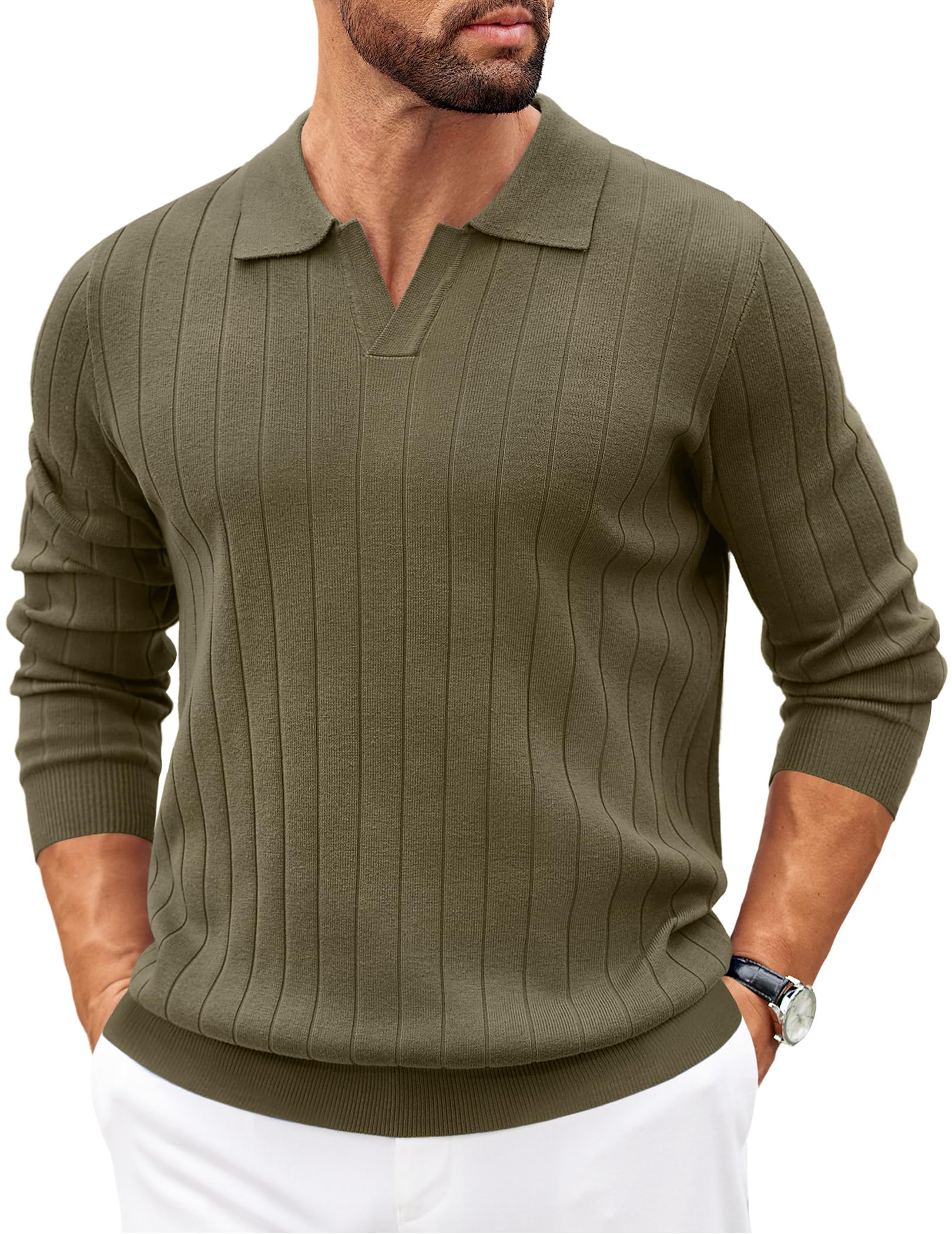 COOFANDY Men's Knit Polo Long Sleeve Sweaters Collared Polo Sweater Casual Dress Pullover Fashion Golf Sweater Tops Army Green