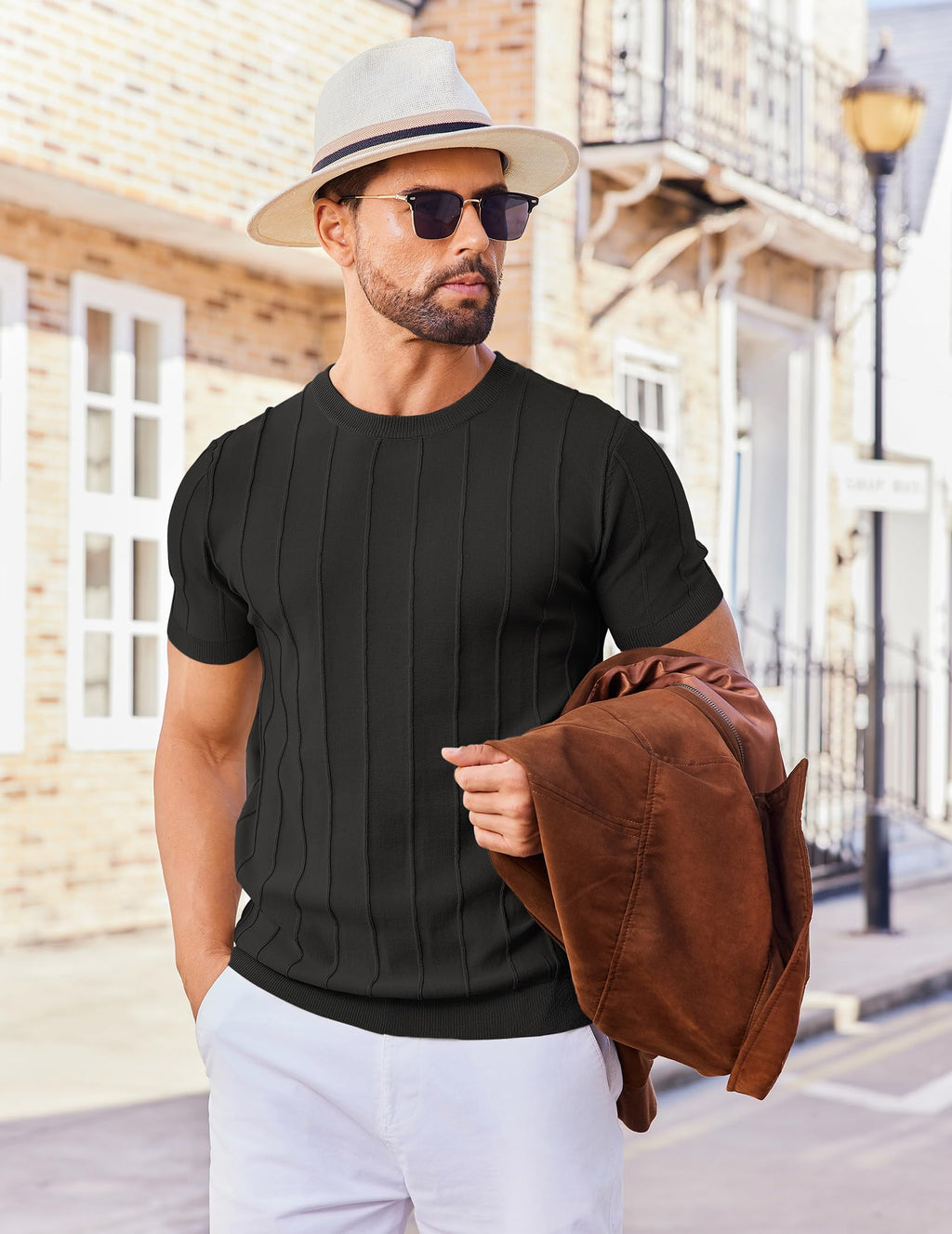 COOFANDY Mens Dress T Shirts Summer Short Sleeve Sweater Shirt Knitted Crewneck Tee Shirt Black