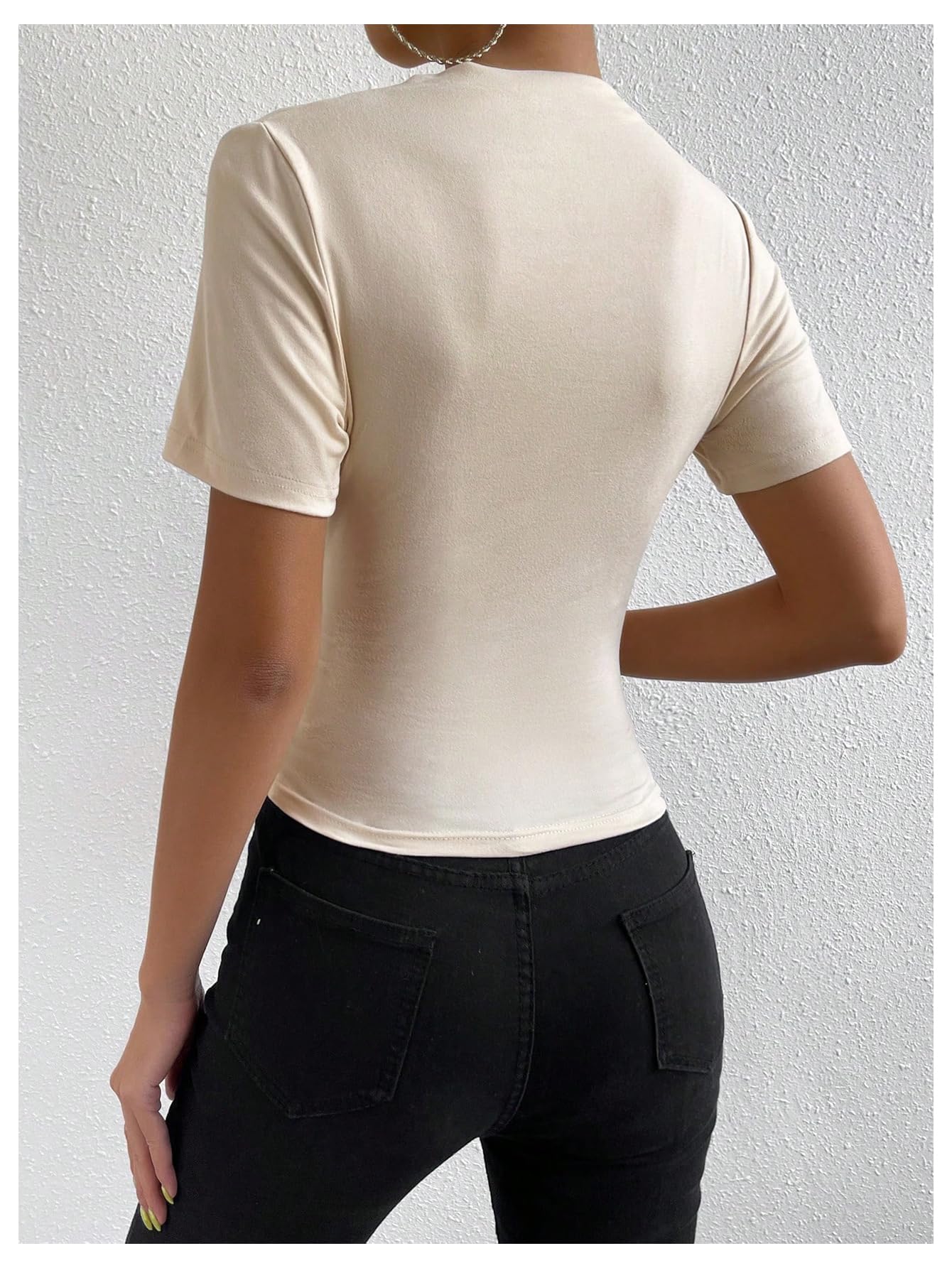 SweatyRocks Women's Ruched Mock Neck T Shirt Short Sleeve Fitted Summer Basic Tops Apricot Large