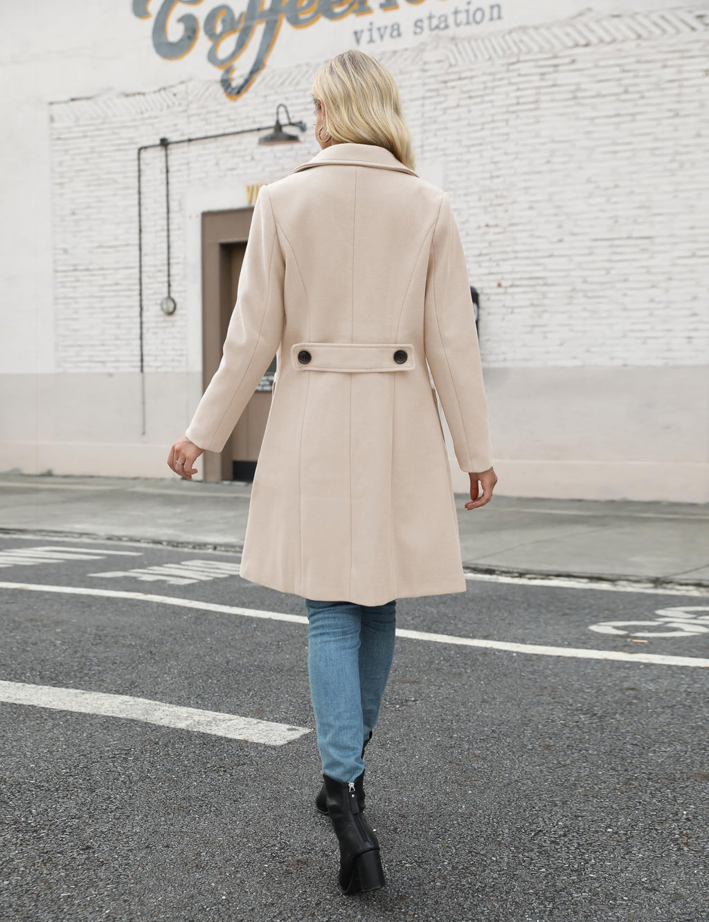 Bankeng Women Winter Wool Blend Camel Mid-Long Coat Notch Double-Breasted Lapel Jacket Outwear (Cream White,L)